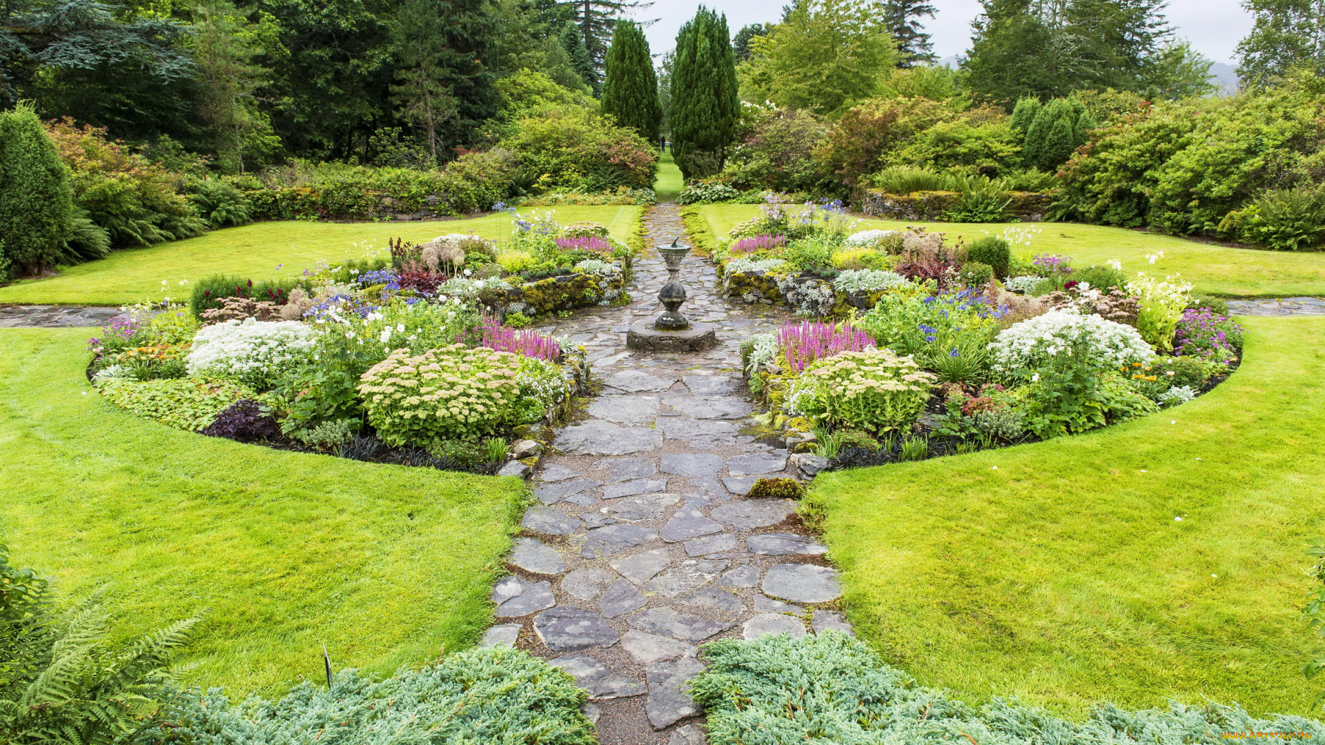 природа, парк, фонтан, клумбы, цветы, сад, scotland, strathcarron