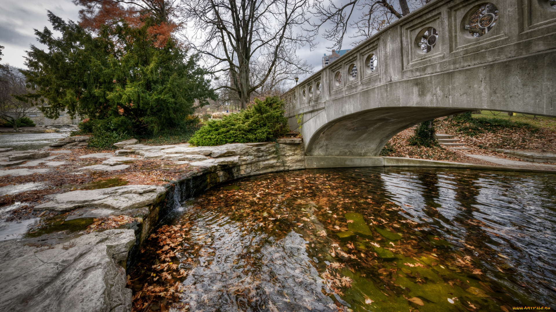 природа, парк, мост, река, осень, листва