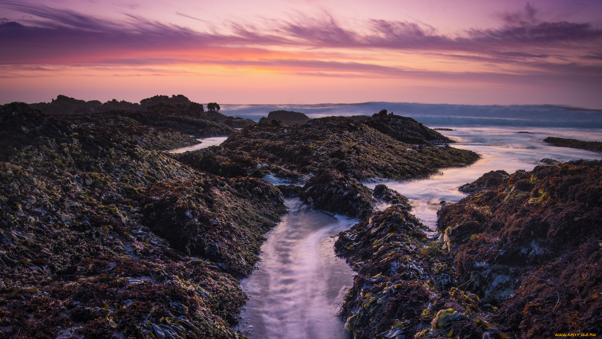 природа, побережье, река, зарево, тучи, долина, камни