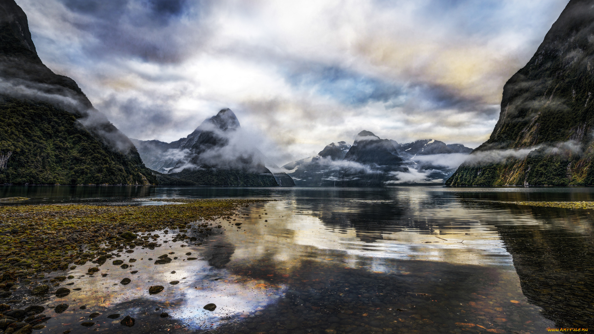 природа, реки, озера, отмель, озеро, горы, туман, галька