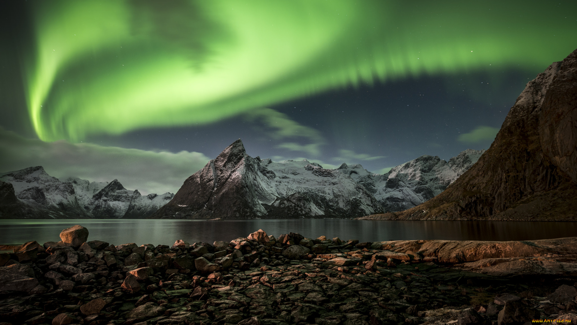 природа, северное, сияние, север, горы, озеро, сполохи
