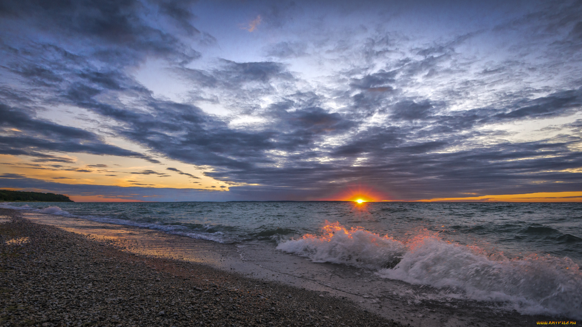 природа, восходы, закаты, горизонт, волны, галька, пляж, океан, солнце