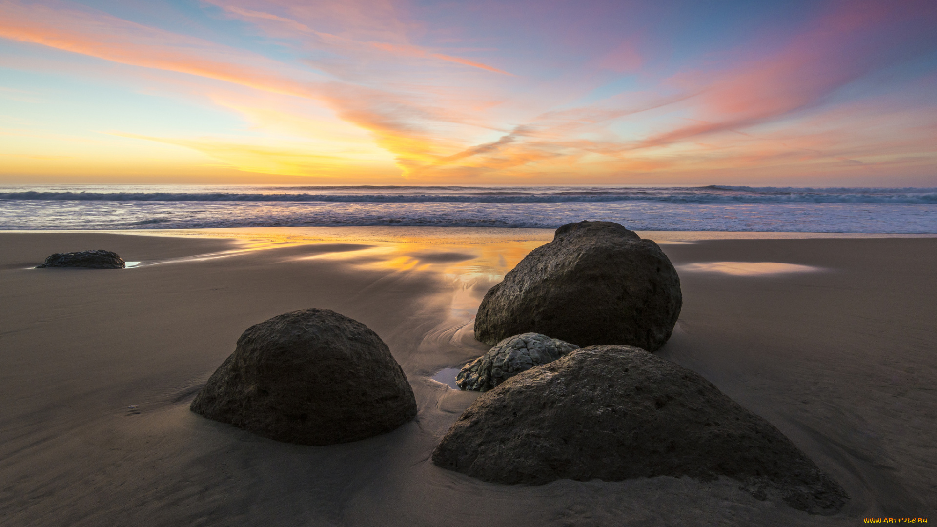 природа, восходы, закаты, океан, заря, горизонт, валуны, пляж