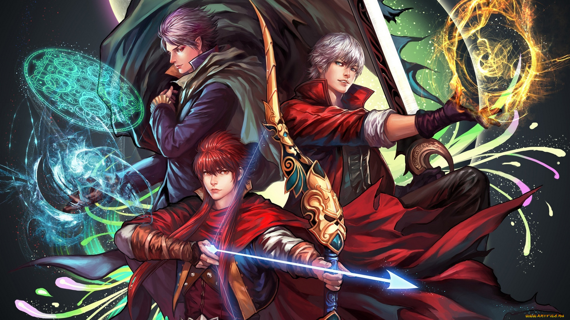 видео, игры, devil, may, cry, 3, , dante`s, awakening, anime, dante, demon, hunter, half-demon, sword, rebellion, magic, bow, данте, полудемон, меч, ребеллион, красный, плащ, сферы, свечение, магия, команда, лучник, лук, стрела, фанарт, devil, may, cry, 3, dmc, game, wallpapers, request, fanart