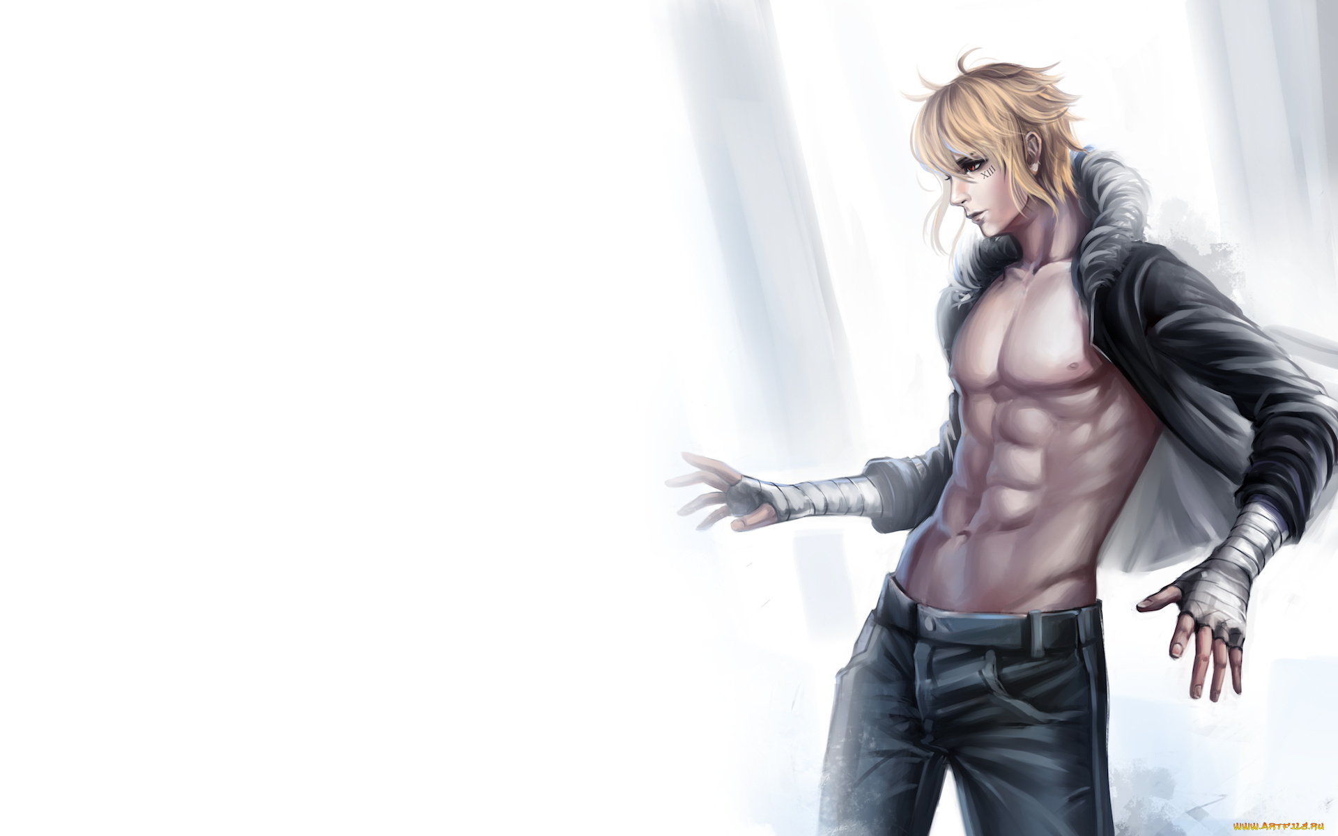 аниме, *unknown, , другое, число, бинты, красные, глаза, парень, белый, фон