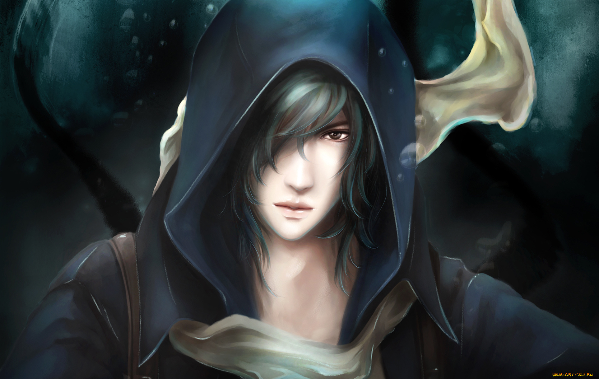 аниме, *unknown, , другое, капюшон, парень, взгляд, лицо, шарф, пузыри