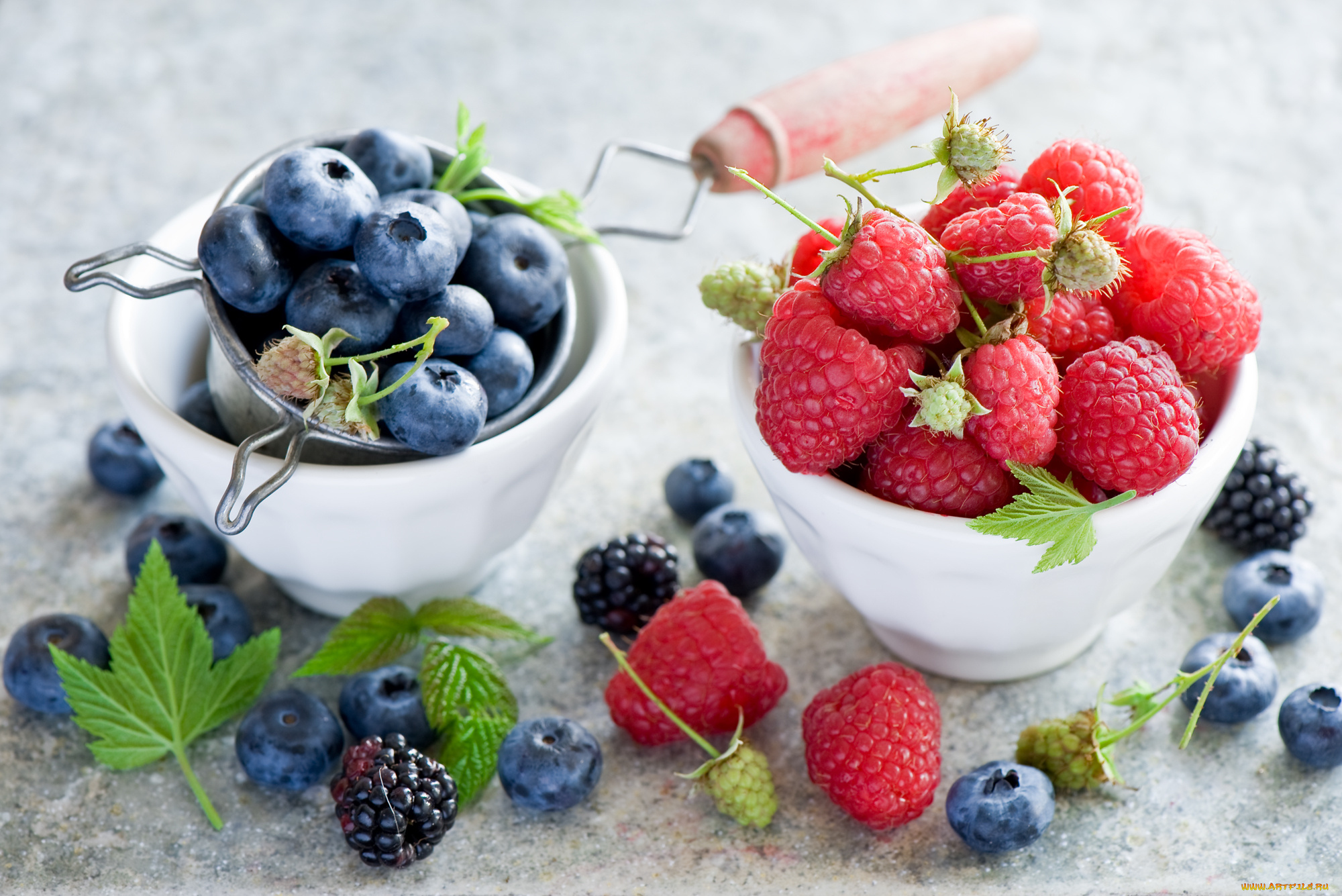 еда, фрукты, , ягоды, малина, черника, голубика, ежевика, ягоды, креманки, листья