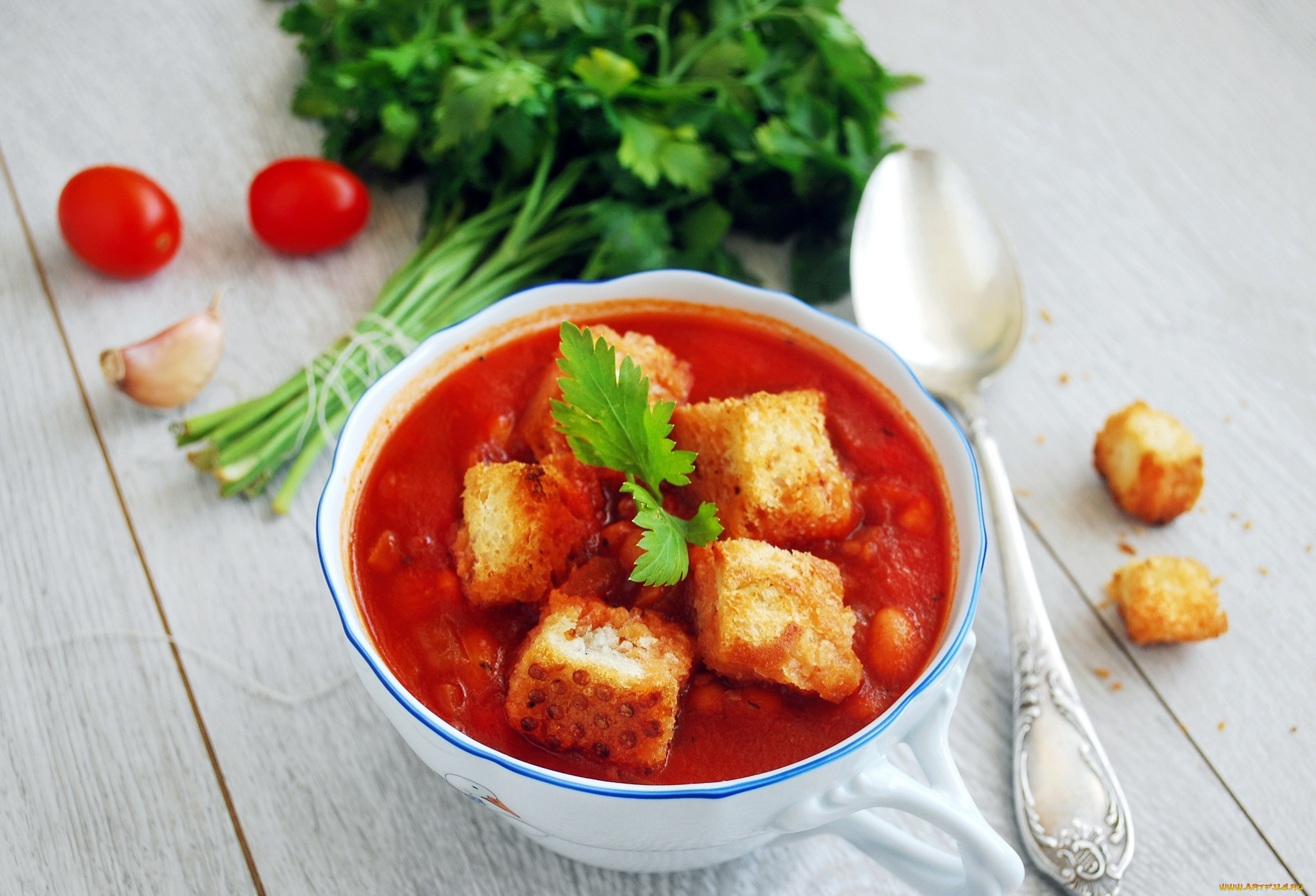 еда, первые, блюда, салфетка, ложка, суп, гренки, зелень