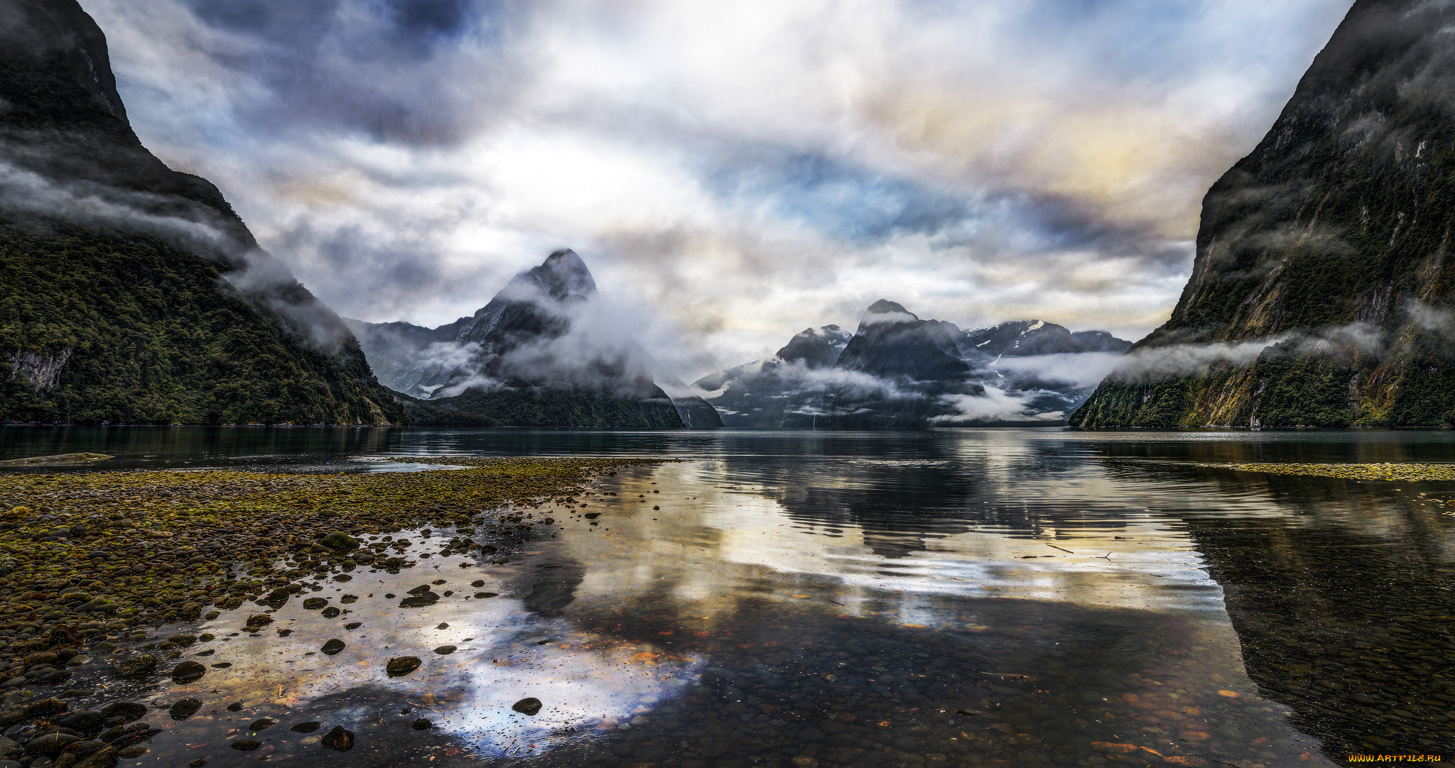 природа, реки, озера, отмель, озеро, горы, туман, галька