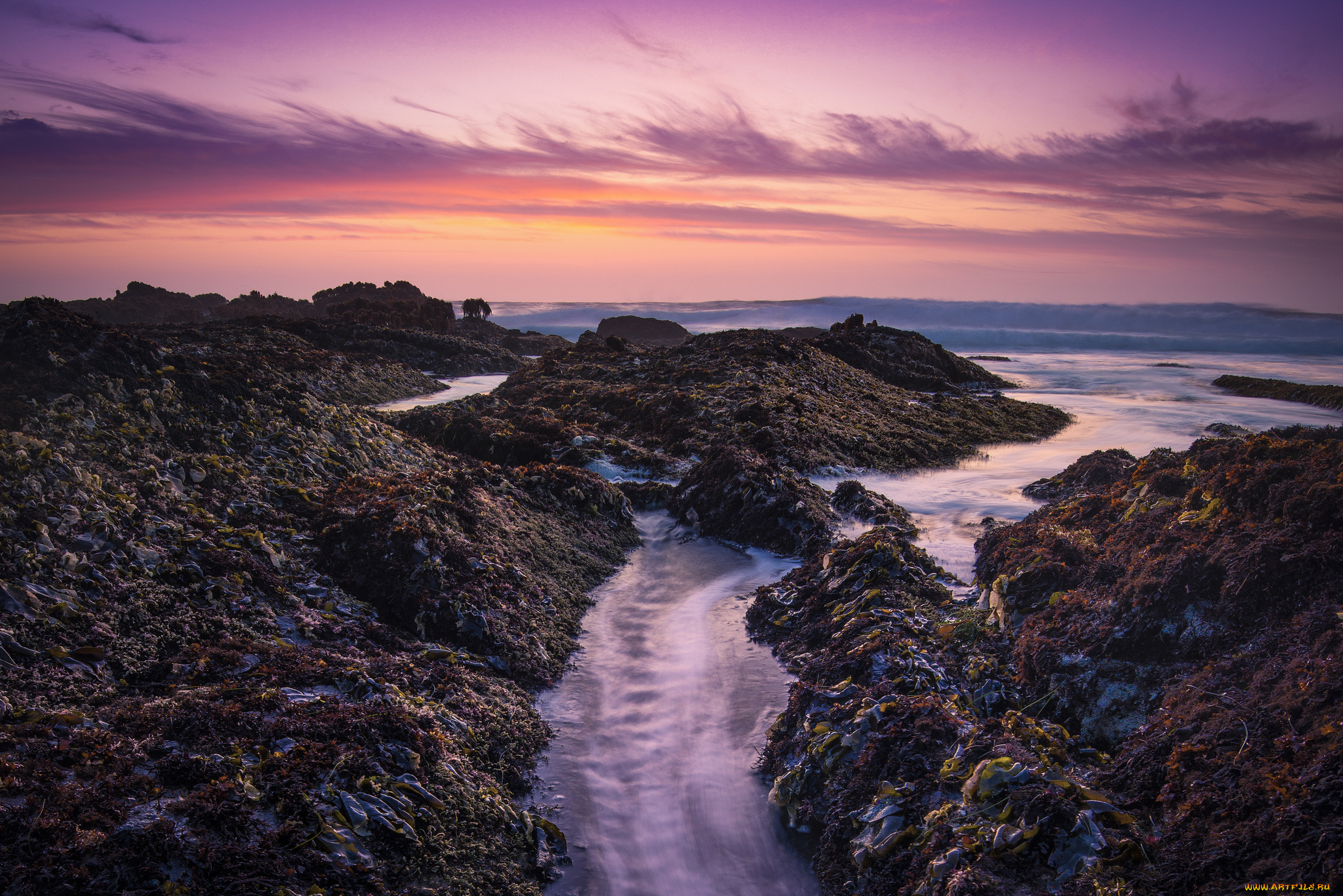 природа, побережье, река, зарево, тучи, долина, камни