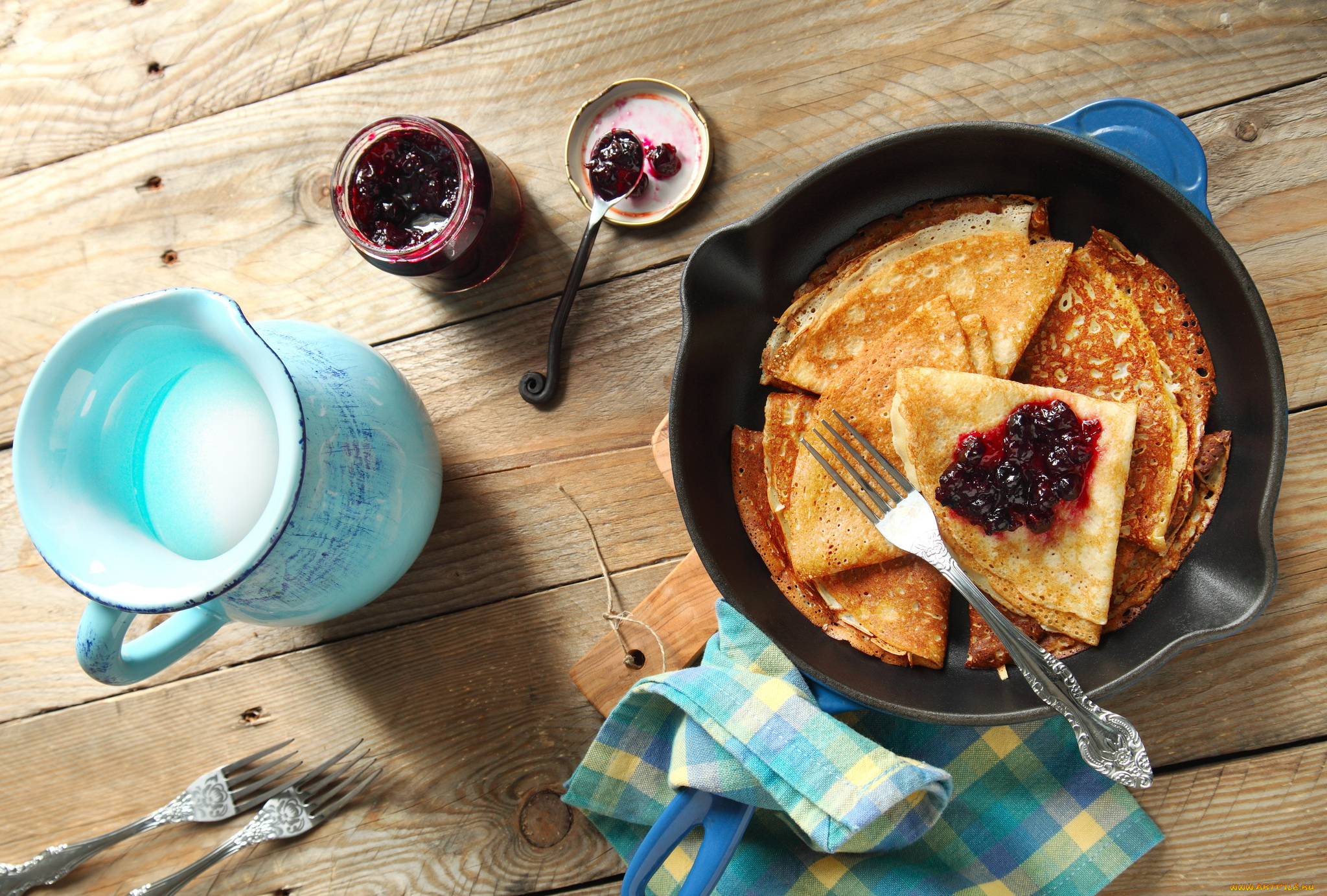 еда, блины, , оладьи, молоко, джем