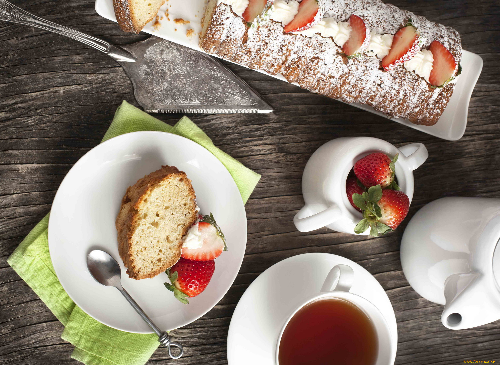 еда, разное, чай, клубника, пирог