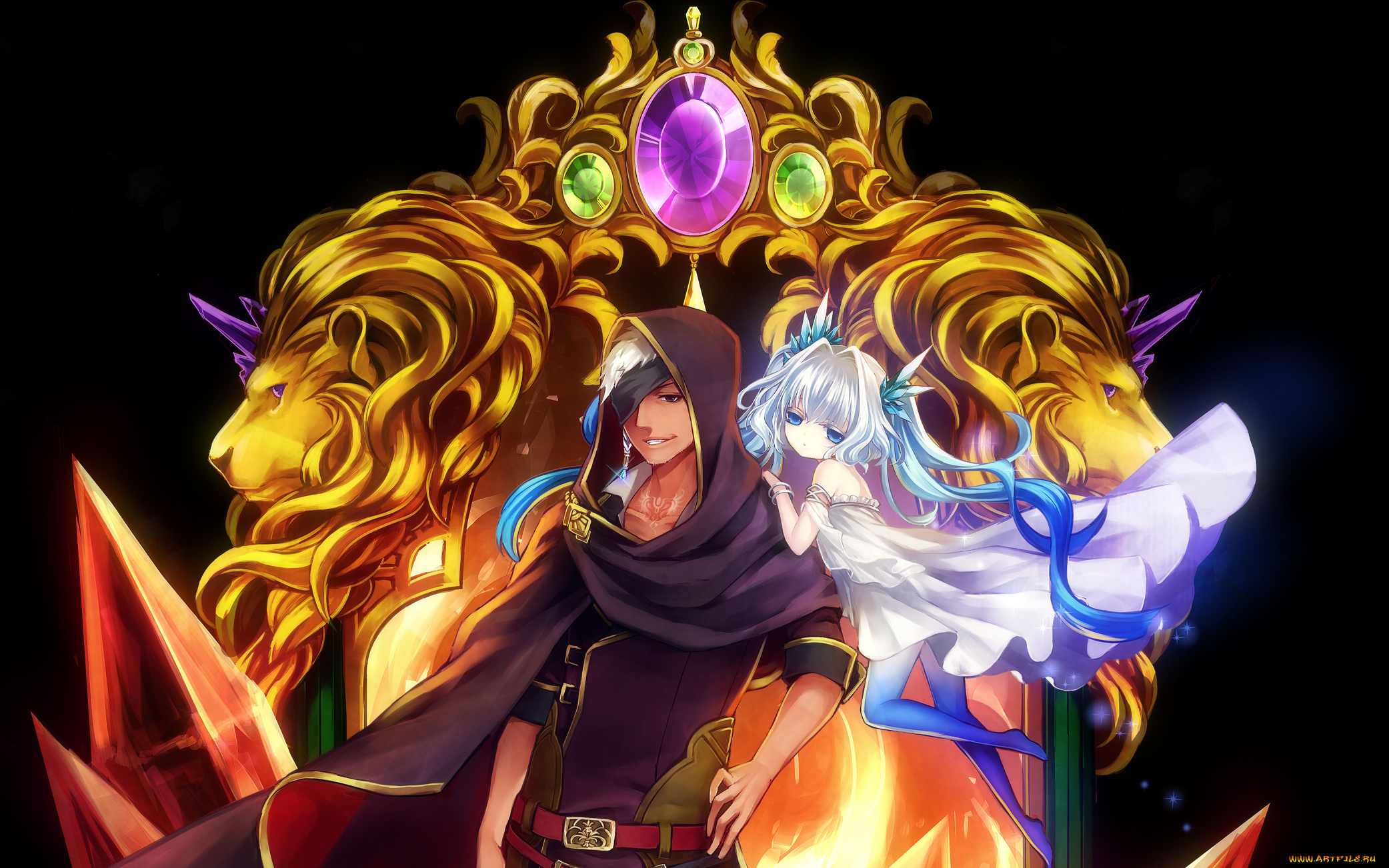 аниме, *unknown, , другое, львы, девочка, парень, капюшон, плащ, повязка, камни