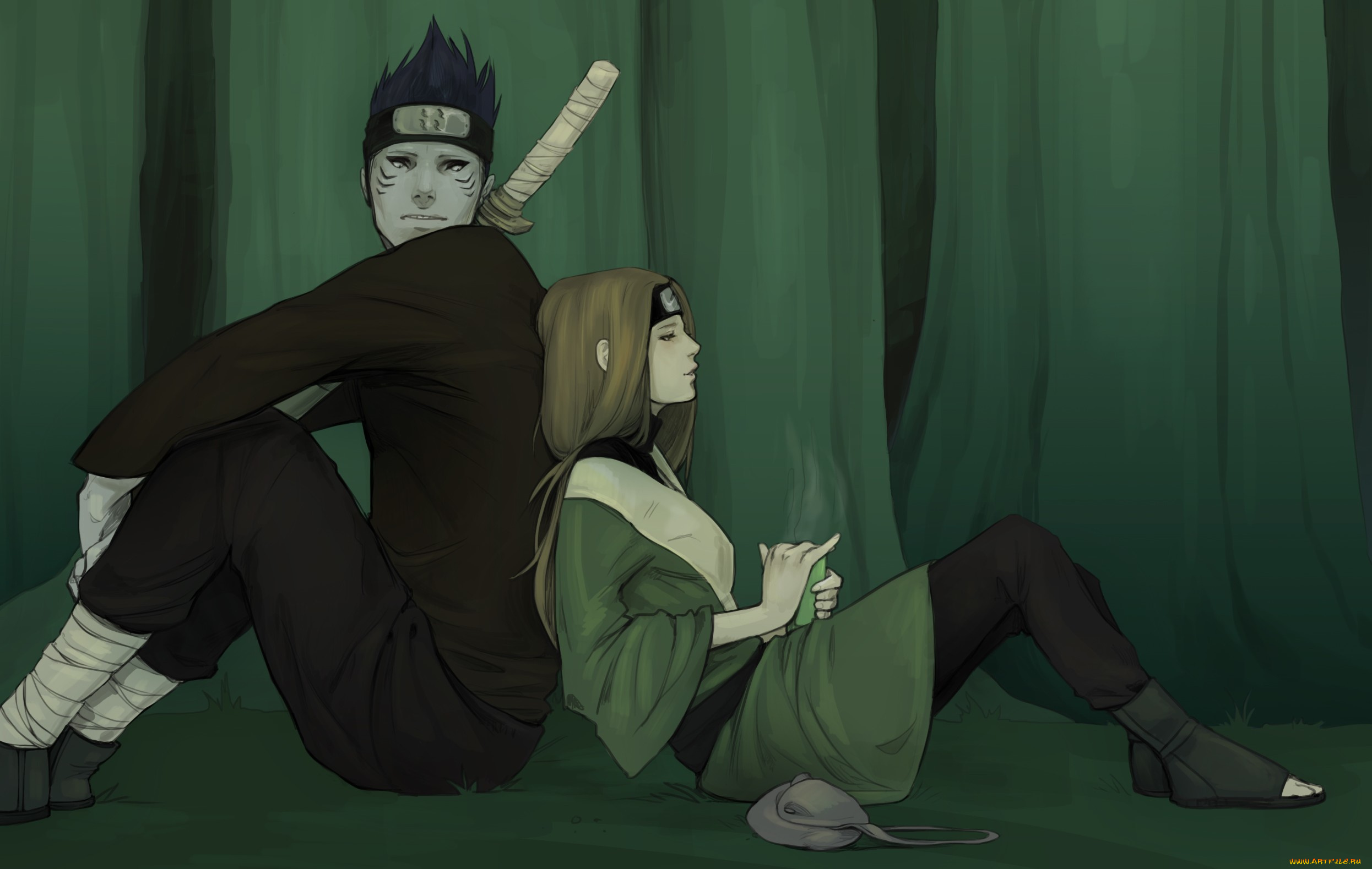 аниме, naruto, парень, чай, деревья, сумка, меч, сидят, мужчина, наруто, кисаме