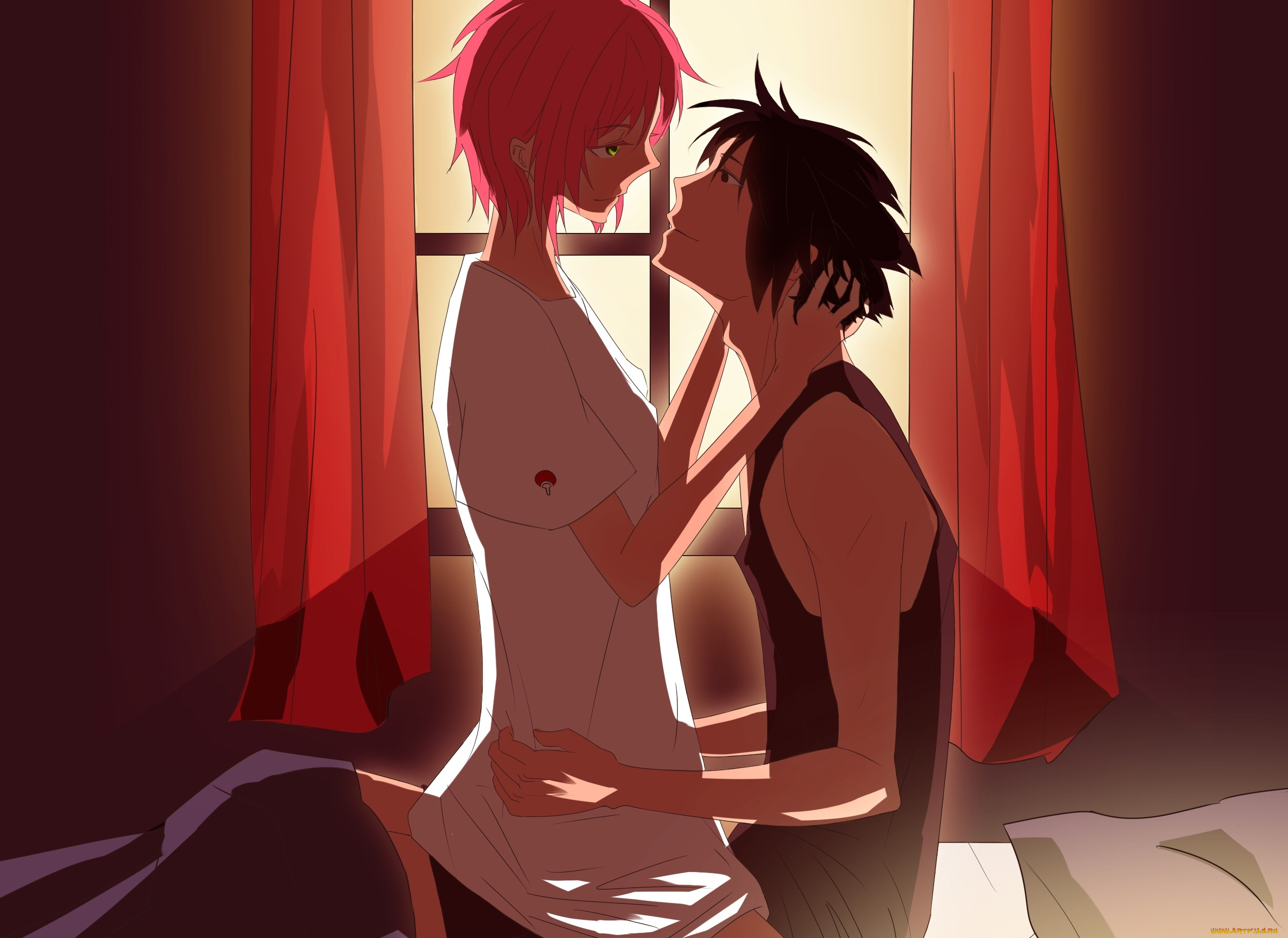 аниме, naruto, пара, саске, сакура, любовь, свет, занавески, окно, арт