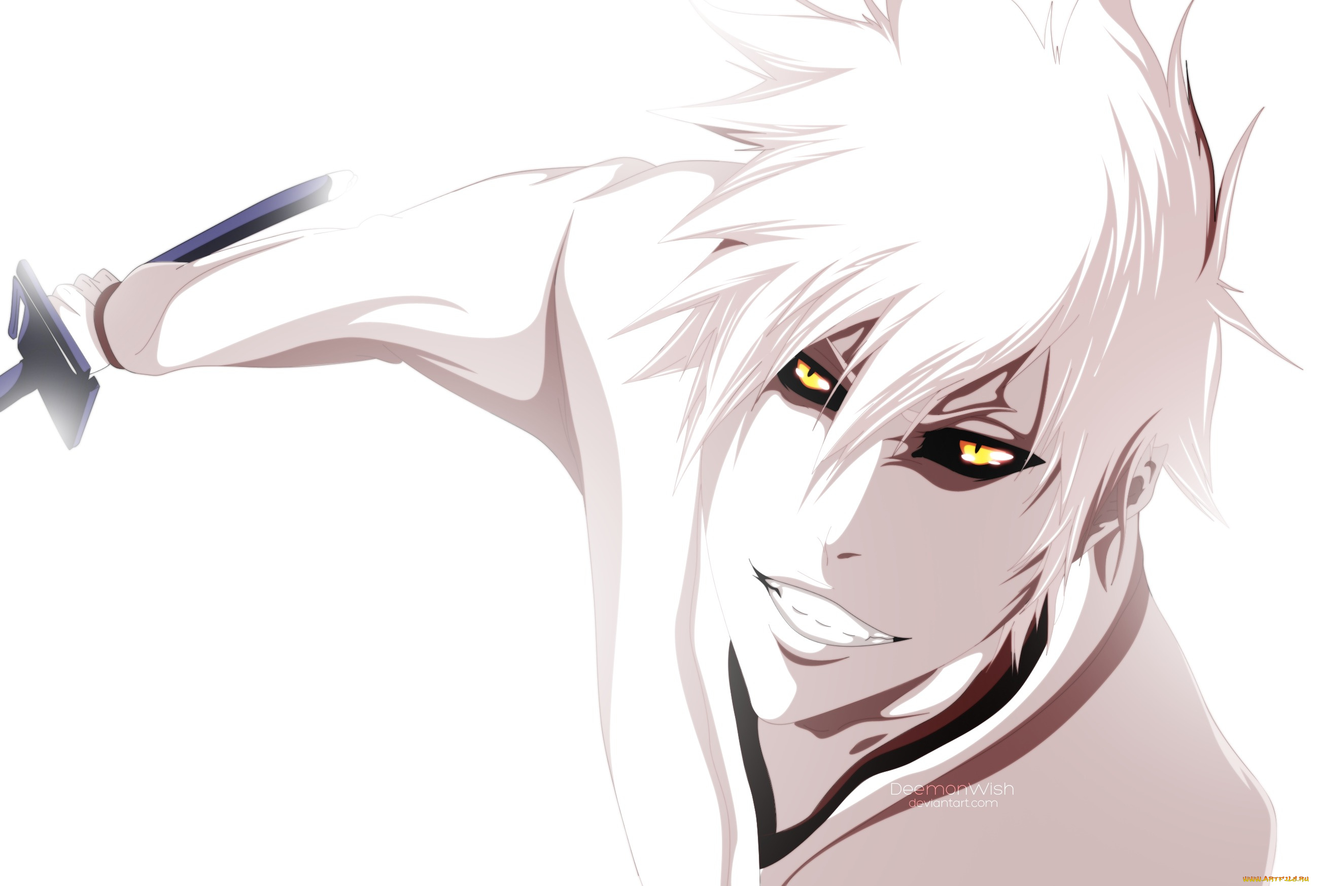 аниме, bleach, пустой, хичиго, улыбка, занпакто, белый, фон, жёлтые, глаза