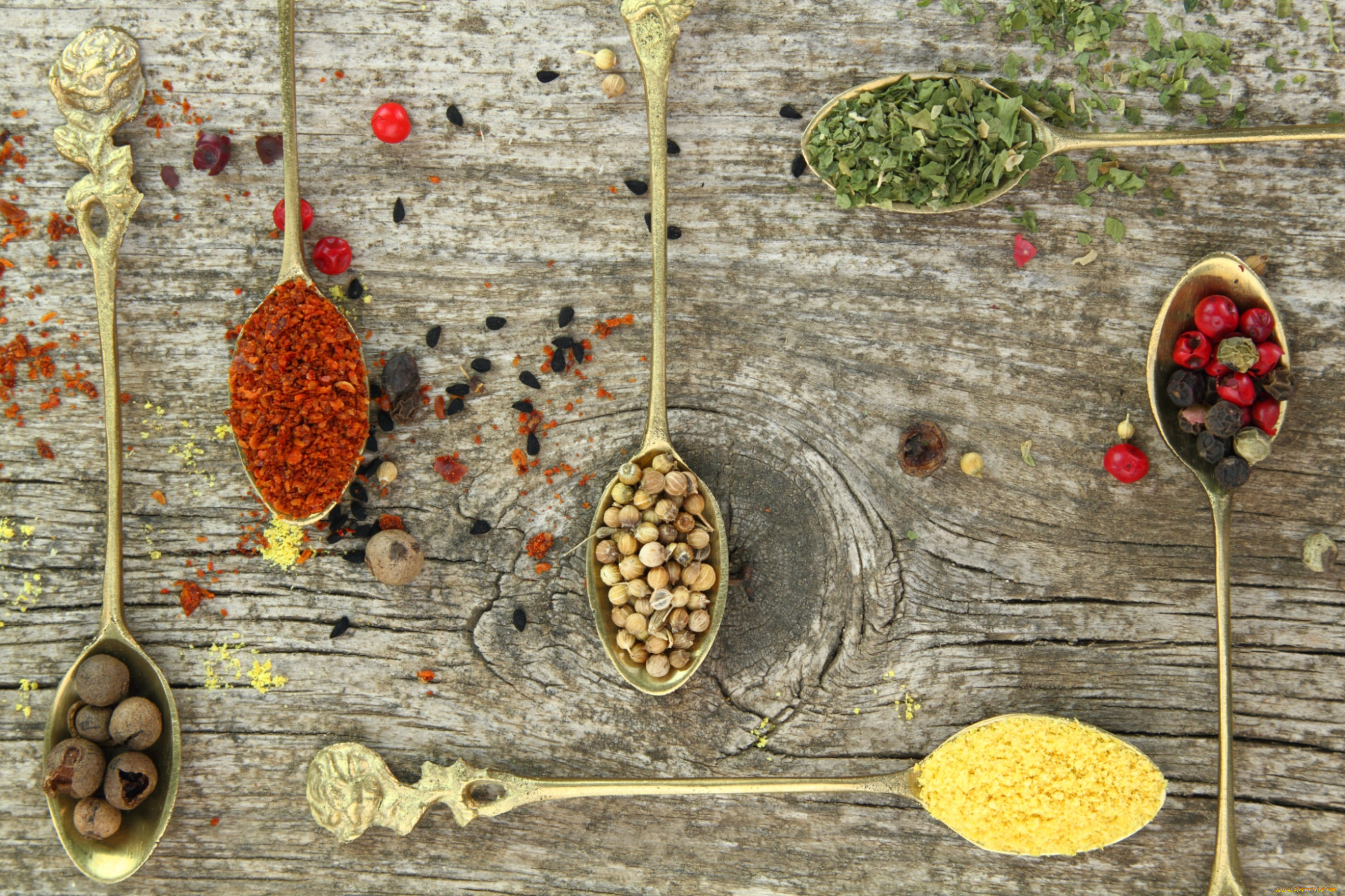 еда, крупы, , зерно, , специи, , семечки, специи, зелень, ложки, перец, стол