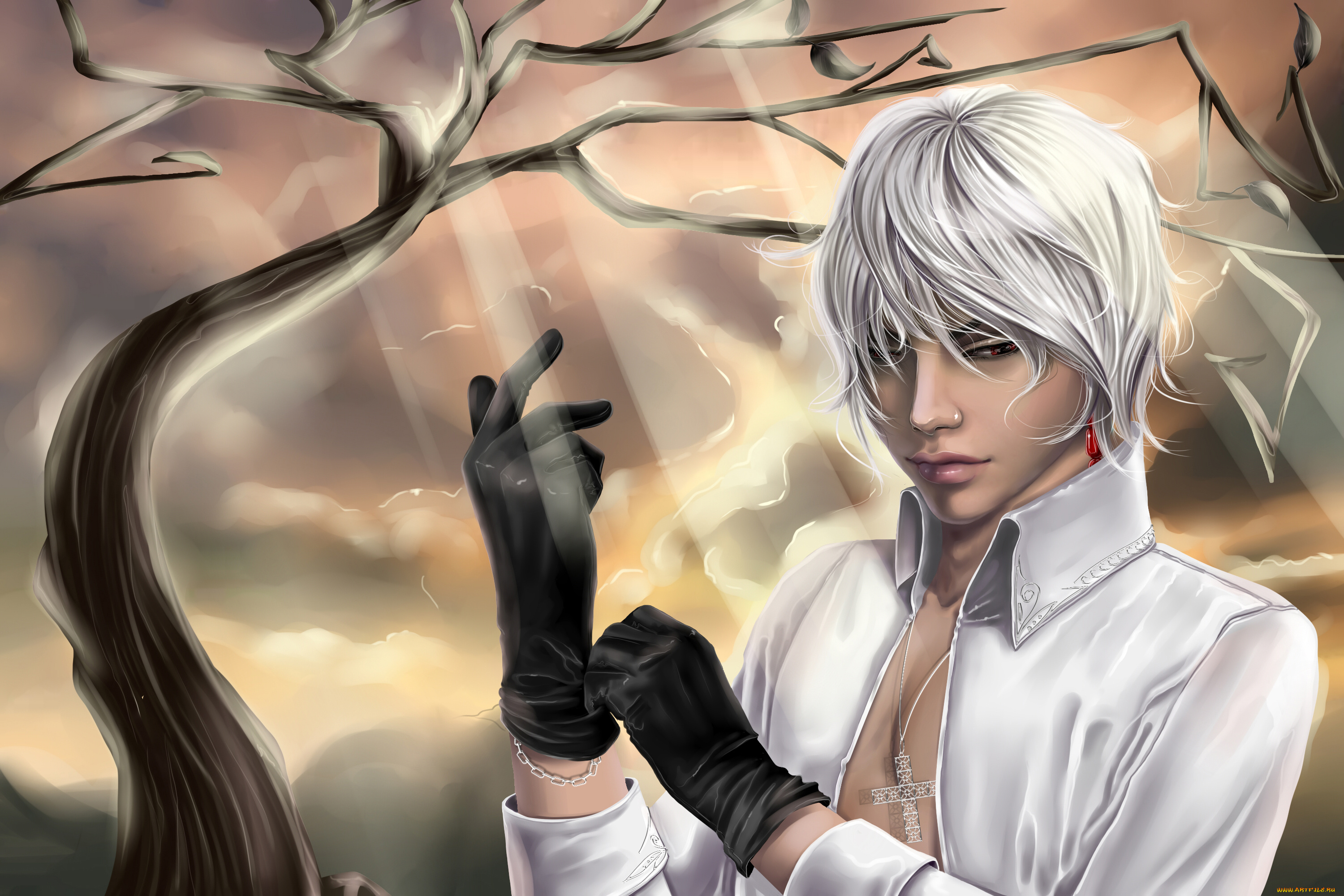 аниме, *unknown, , другое, белые, волосы, парень, ветка, серьга, перчатки, браслет, крест