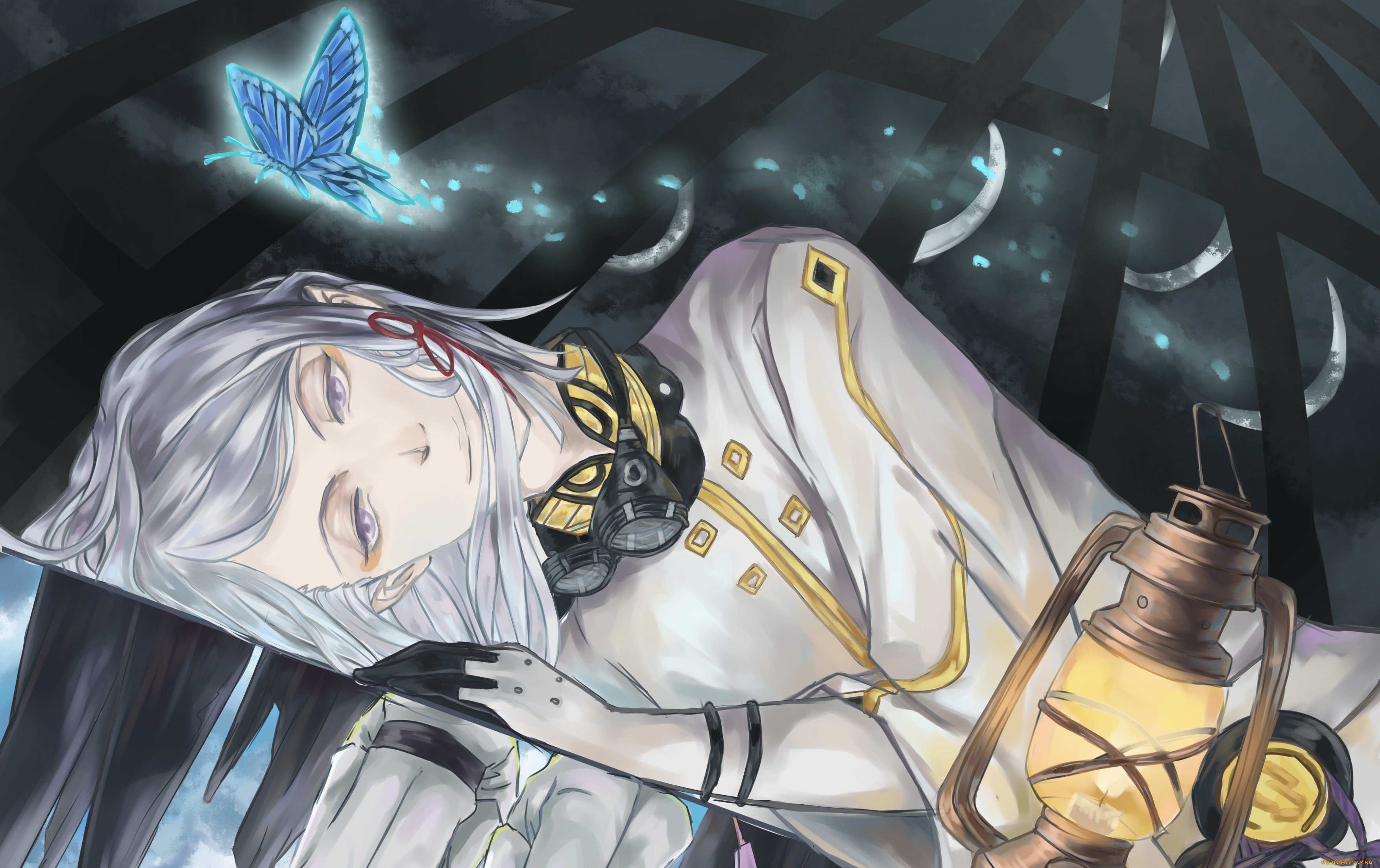 аниме, last, exile, белые, волосы, фонарь, ночь, бабочка, лежит, очки, улыбка, парень