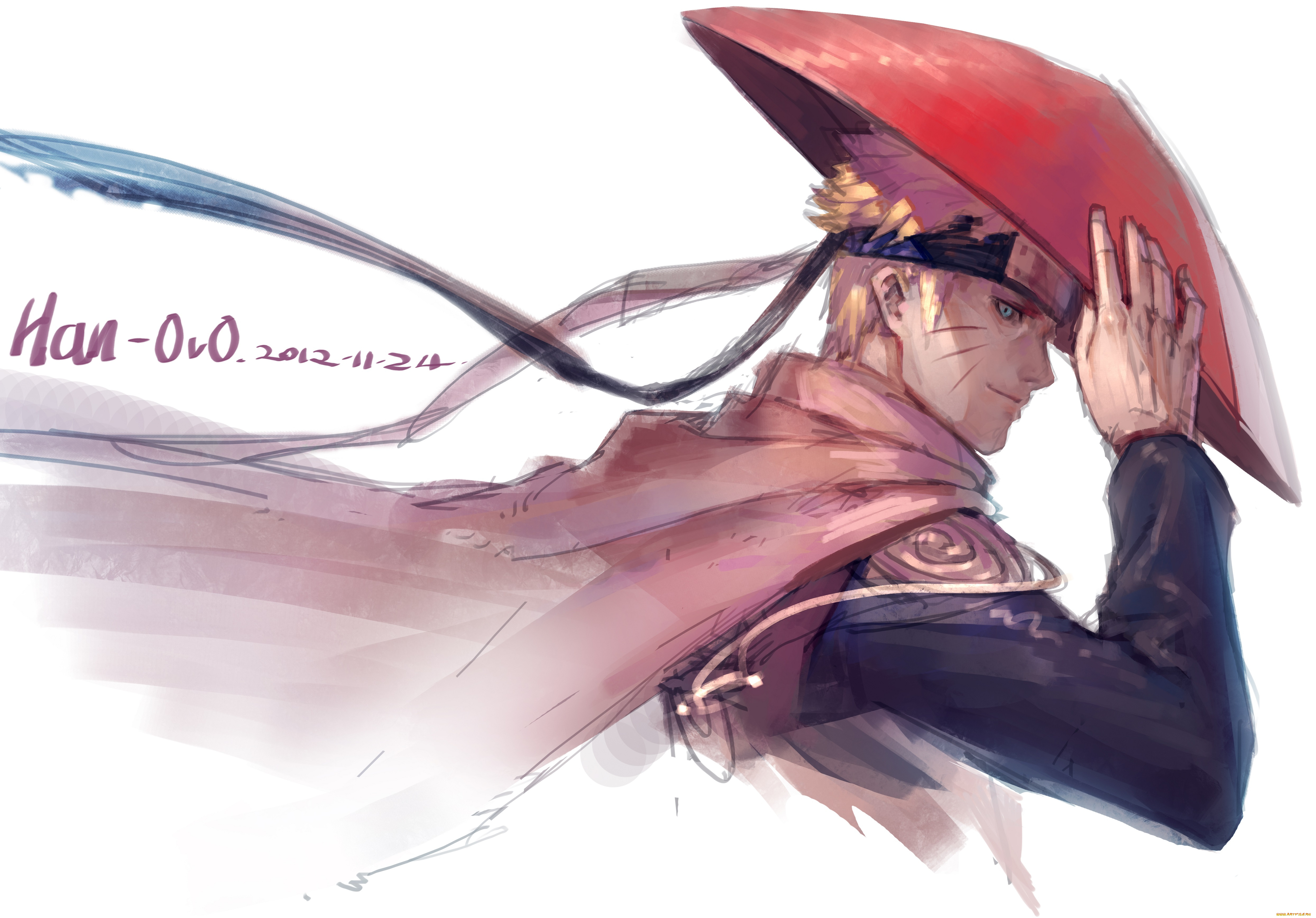 аниме, naruto, взгляд, парень, блондин, рука, плащ, белый, фон, ленты, головной, убор, шляпа, наруто