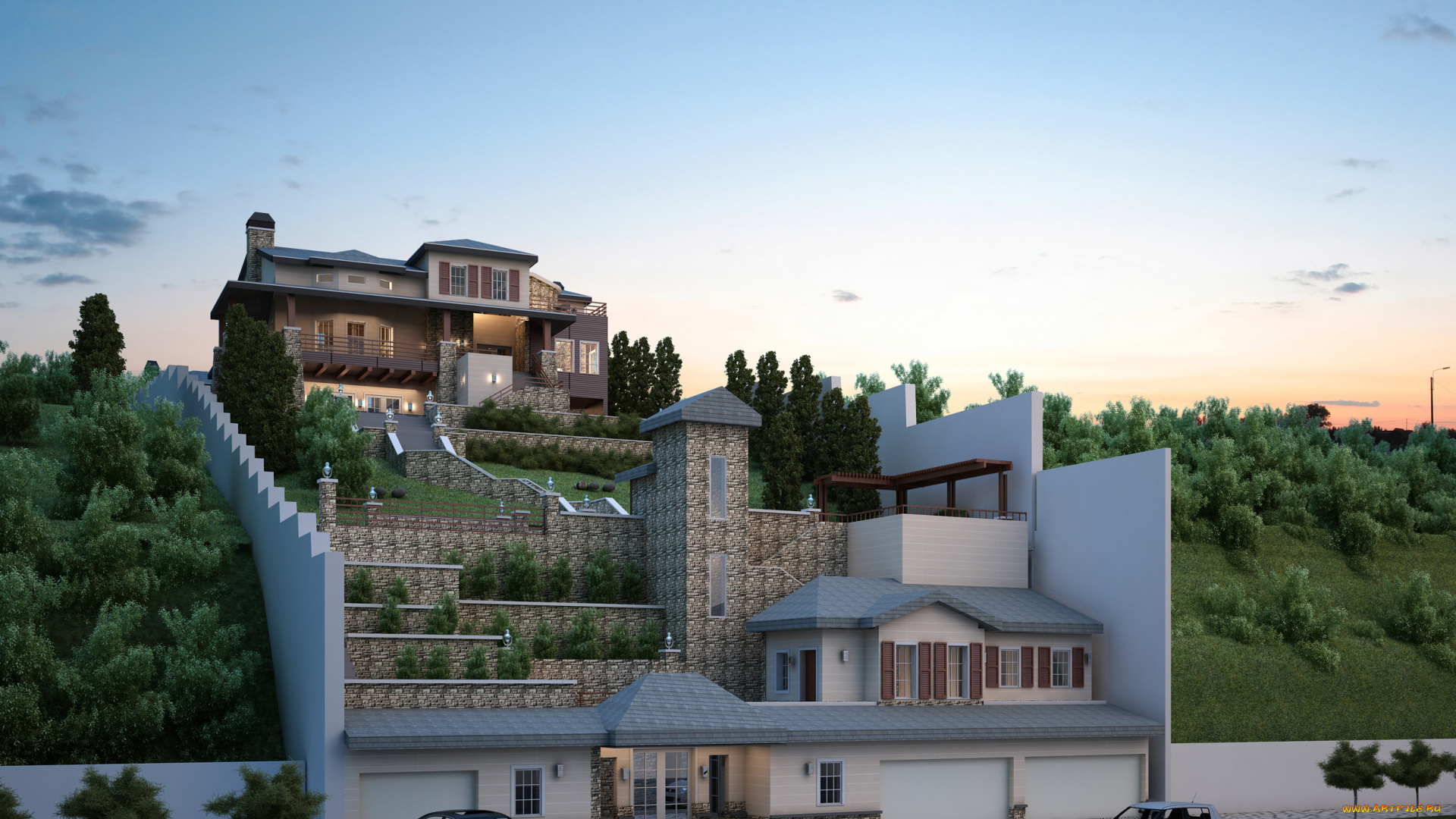 3д, графика, архитектура, , architecture, дом, автомобили, лестница