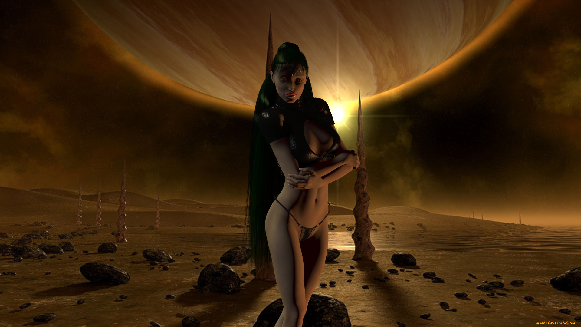 3д, графика, фантазия, , fantasy, девушка, планета, фон, взгляд, свечение