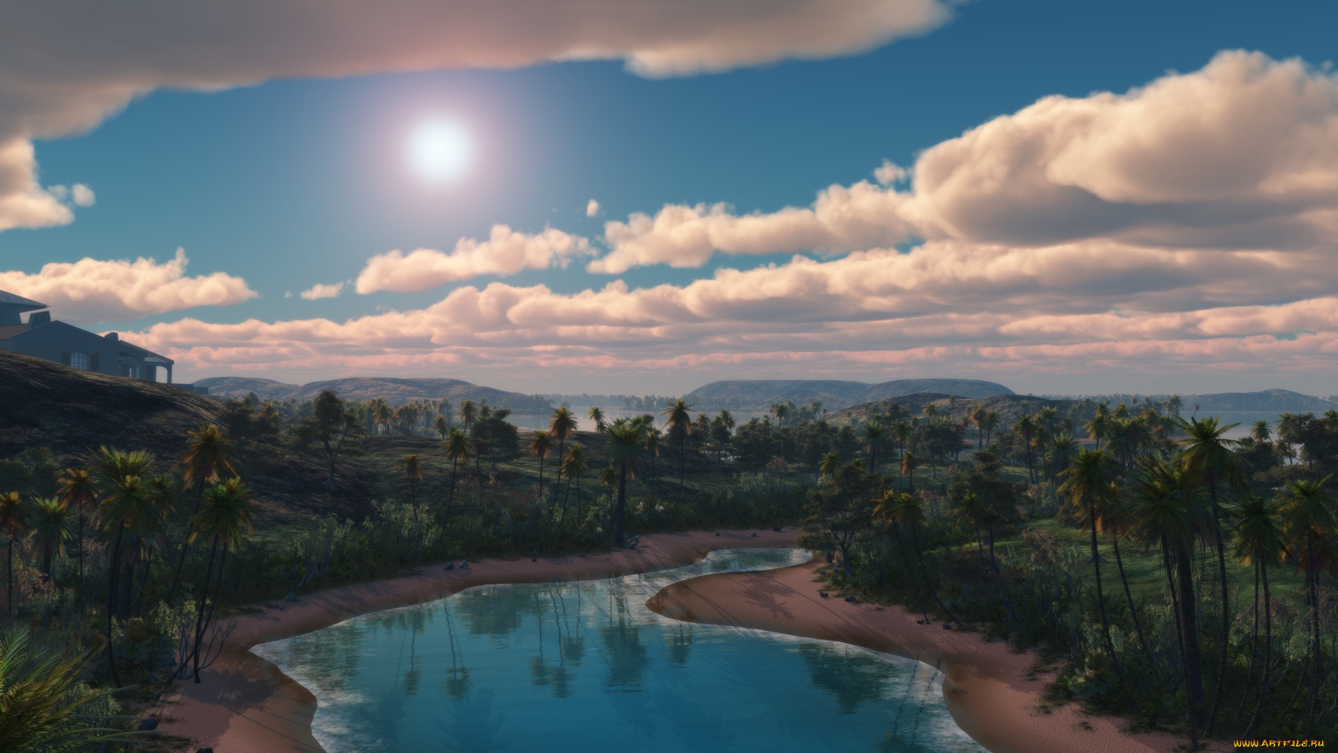 3д, графика, природа, , nature, деревья, река, облака