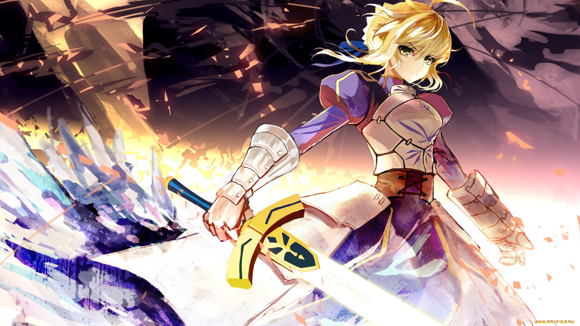 аниме, fate, stay, night, доспехи, оружие, искры, блондинка, девушка, арт, sixingcao, saber, stay, night