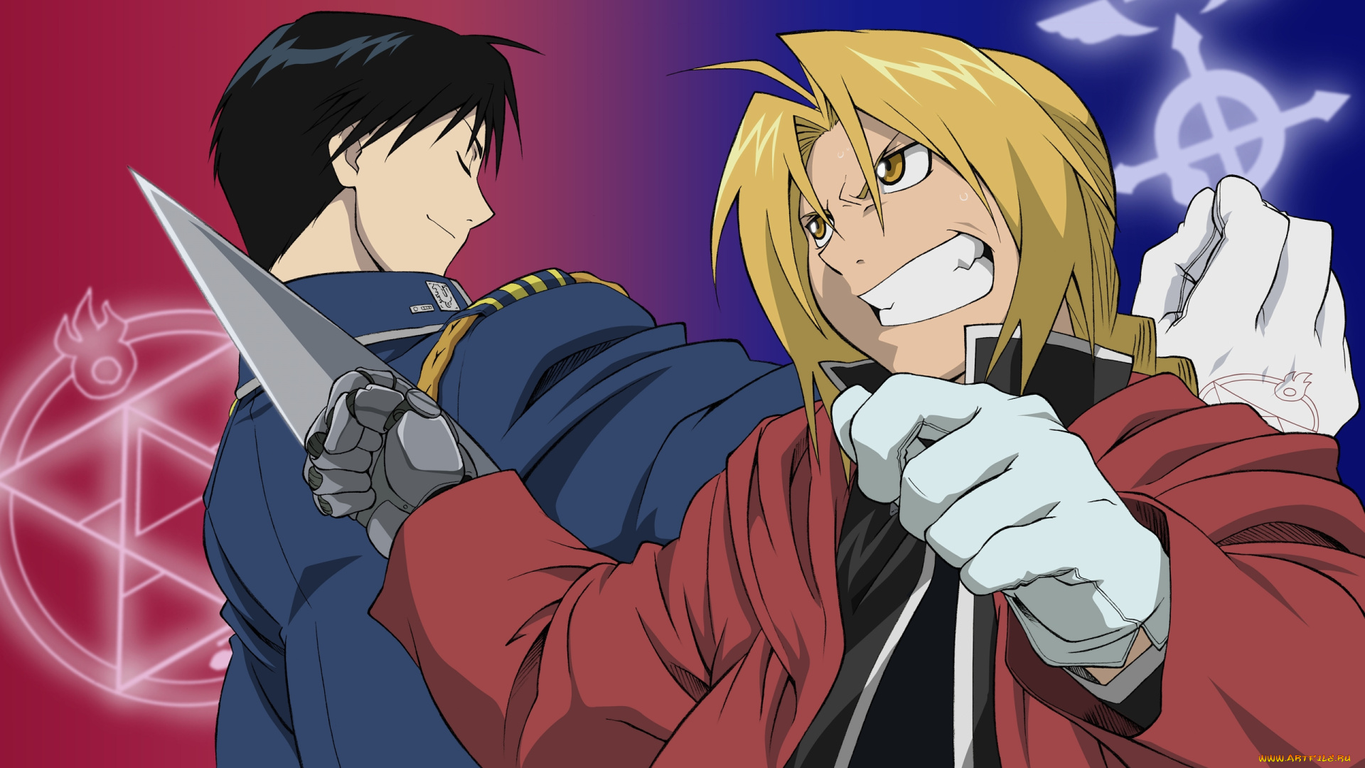 аниме, fullmetal, alchemist, блондин, брюнет, оружие, парни, roy, mustang, edward, elric, fullmetal, alchemist