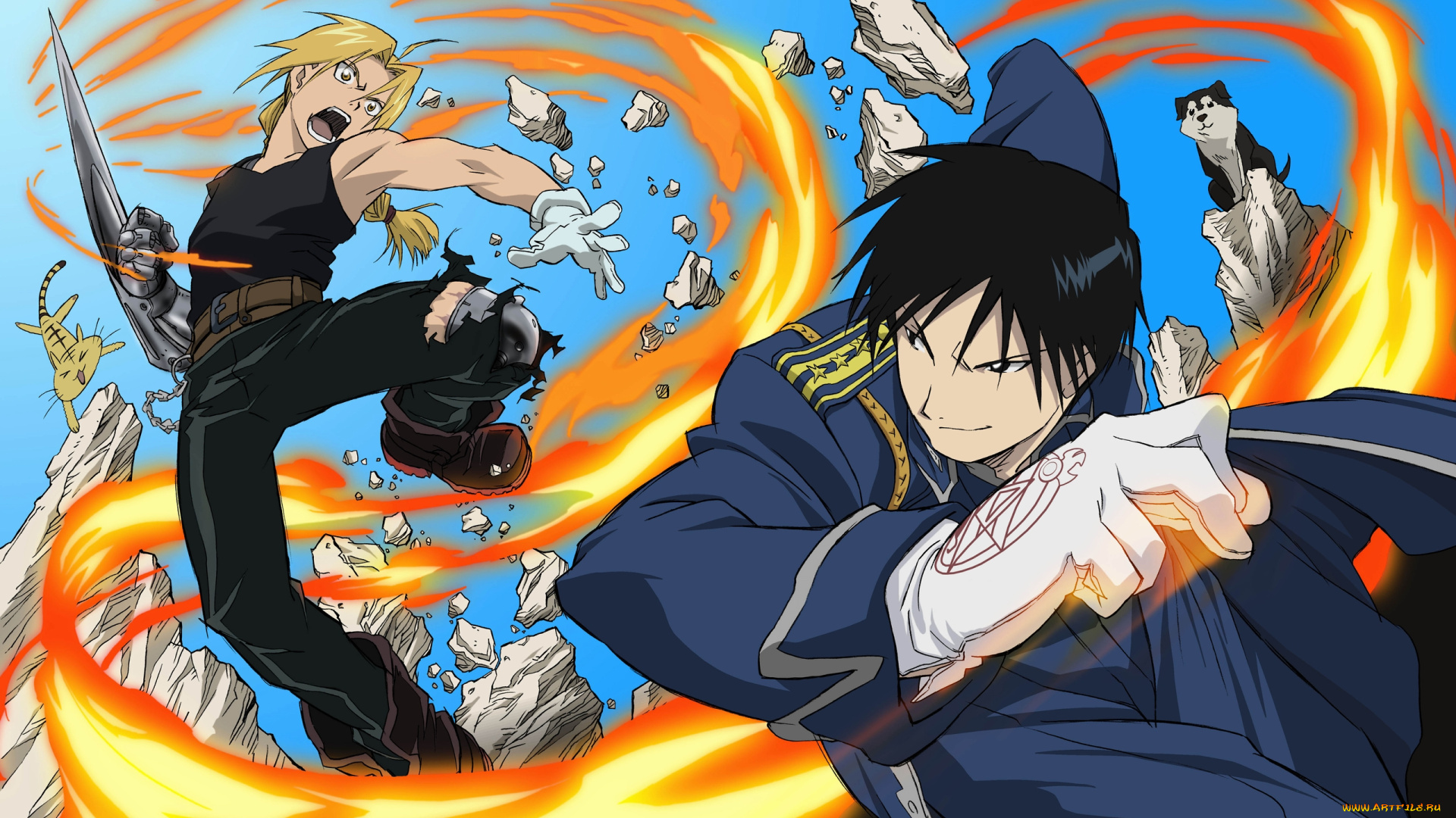 аниме, fullmetal, alchemist, edward, elric, roy, mustang, парни, камни, пламя, осколки, огонь, блондин, брюнет, fullmetal, alchemist, бой