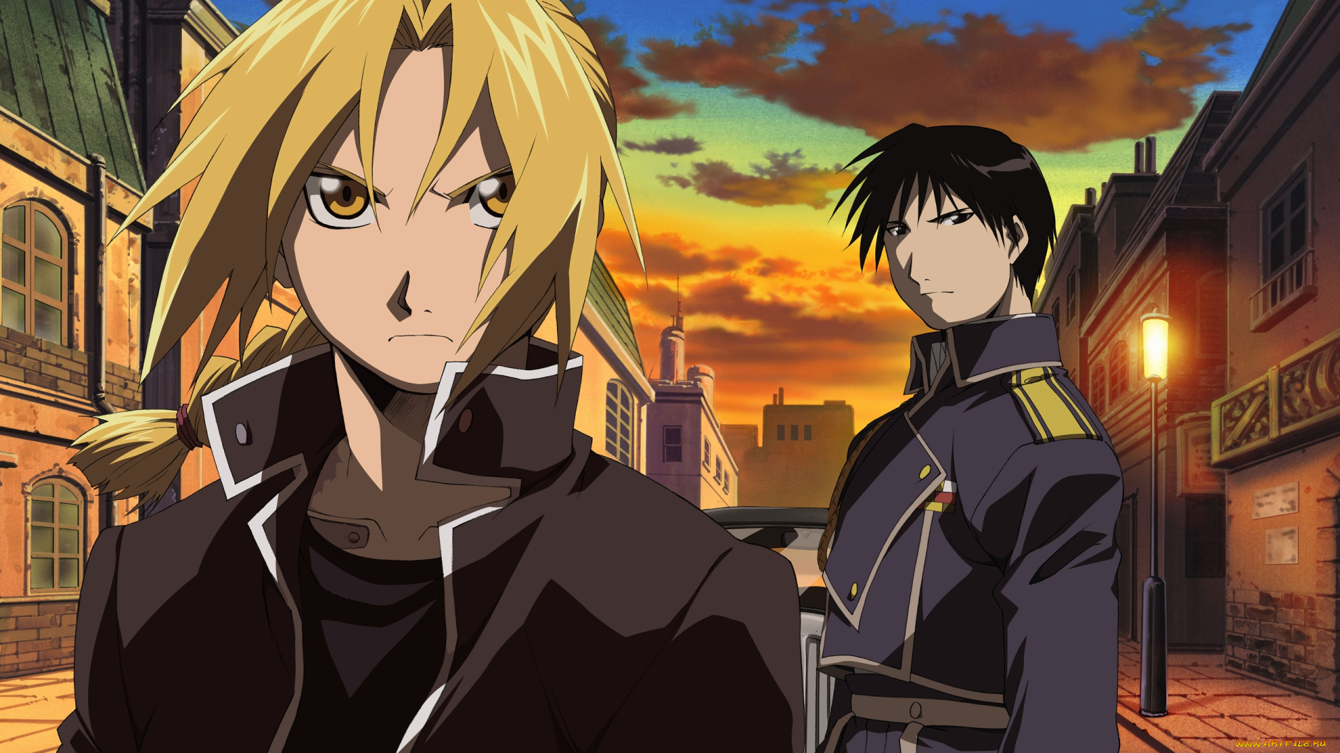 аниме, fullmetal, alchemist, fullmetal, alchemist, брюнет, парни, блондин, закат, roy, mustang, edward, elric, вечер, город