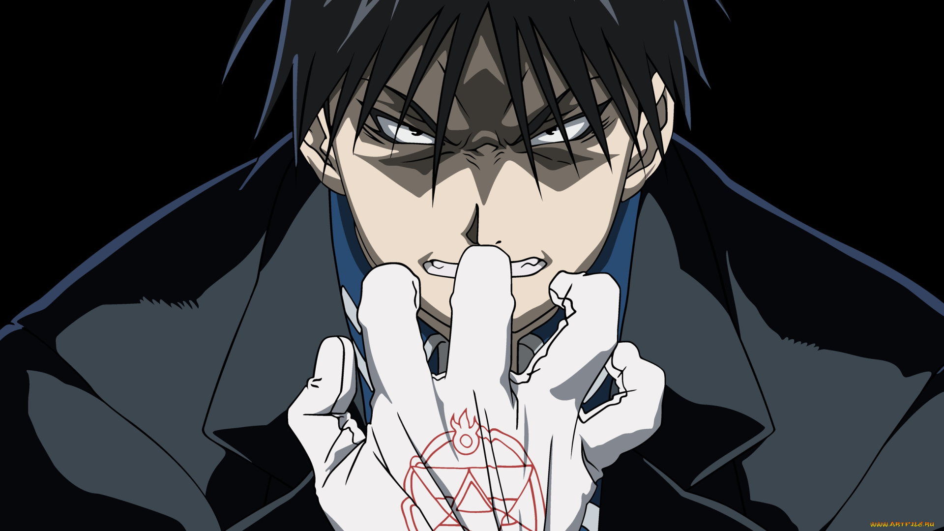 аниме, fullmetal, alchemist, злость, roy, mustang, взгляд, парень, арт, рука, fullmetal, alchemist