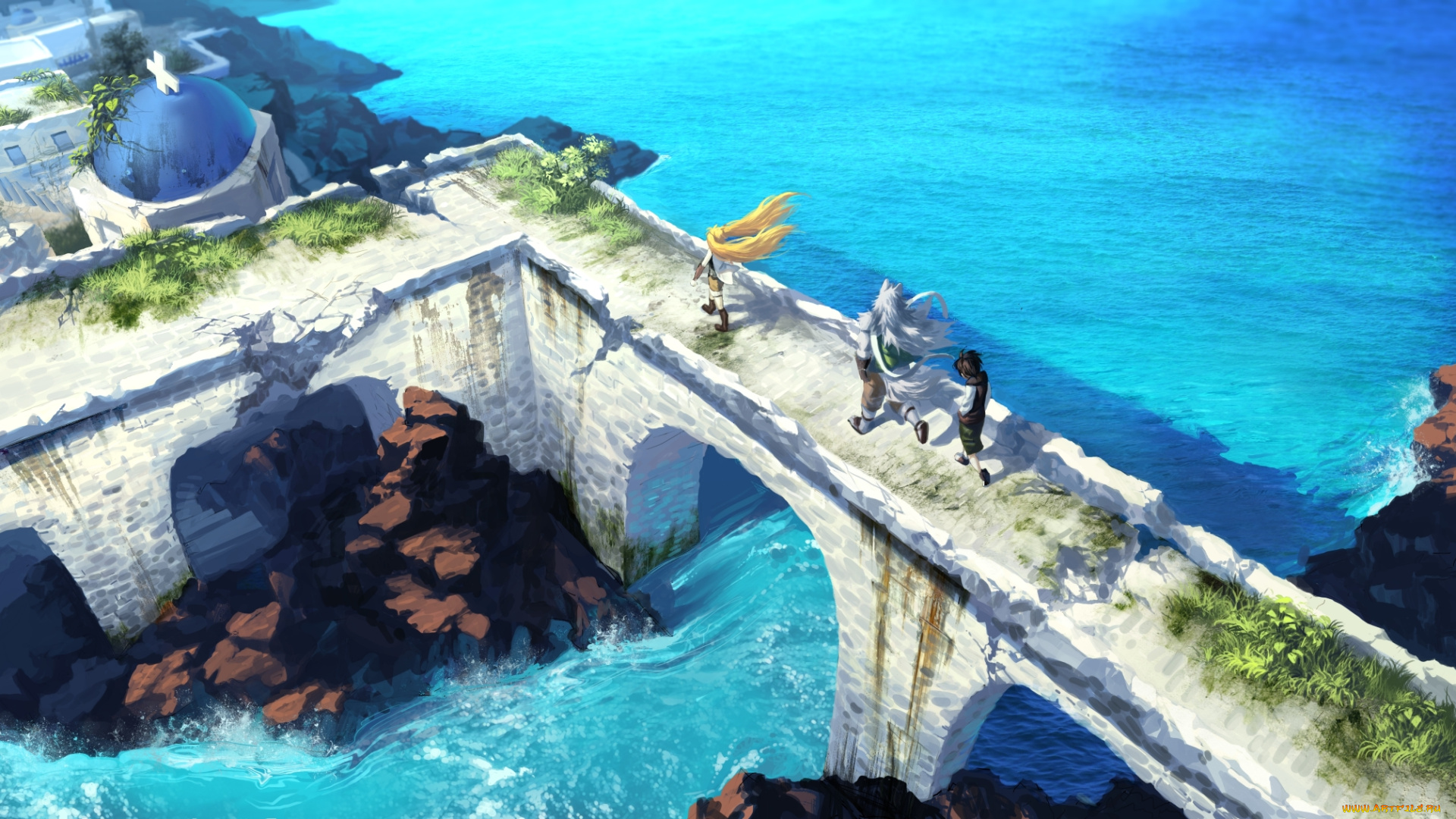 аниме, город, , улицы, , здания, арт, nviek5, парни, мост, море