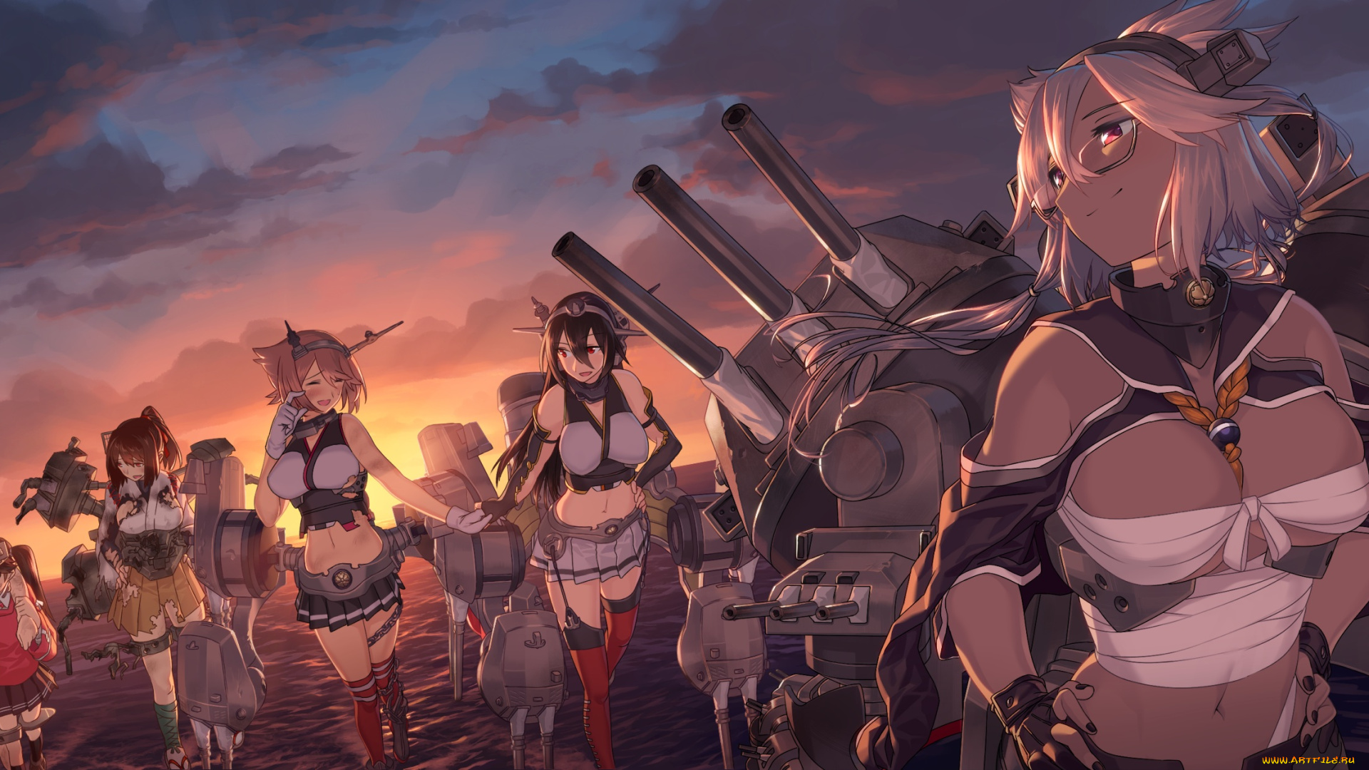 аниме, kantai, collection, девушки, арт, mutsu, kancolle, небо, закат, вечер, musashi, junyou, оружие, облака, ise, blew, and, white, ryuujou, kantai, collection, nagato