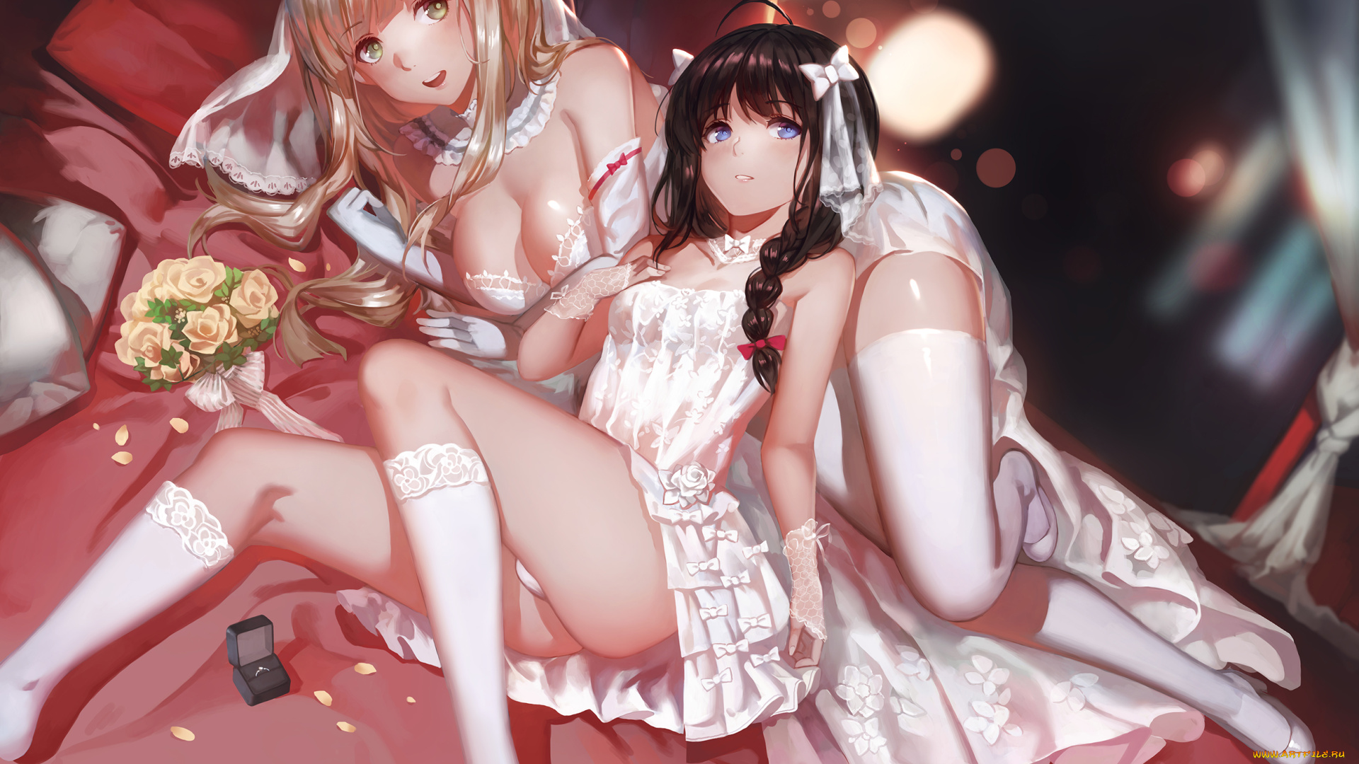 аниме, kantai, collection, kancolle, shigure, розы, букет, эротика, лежат, девушки, арт, yuudachi, yykuaixian, kantai, collection