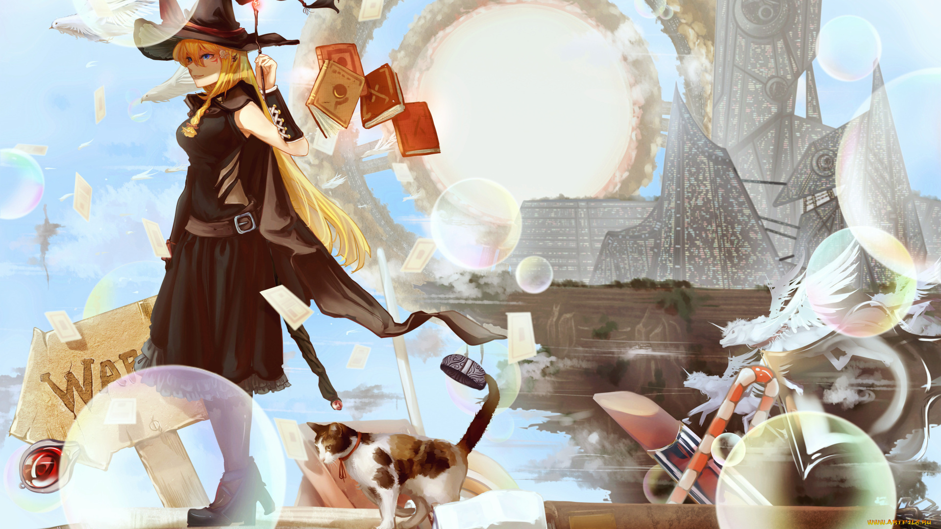 аниме, магия, , колдовство, , halloween, девушка, животное, арт, forte, пузыри, книги, кошка, шляпа