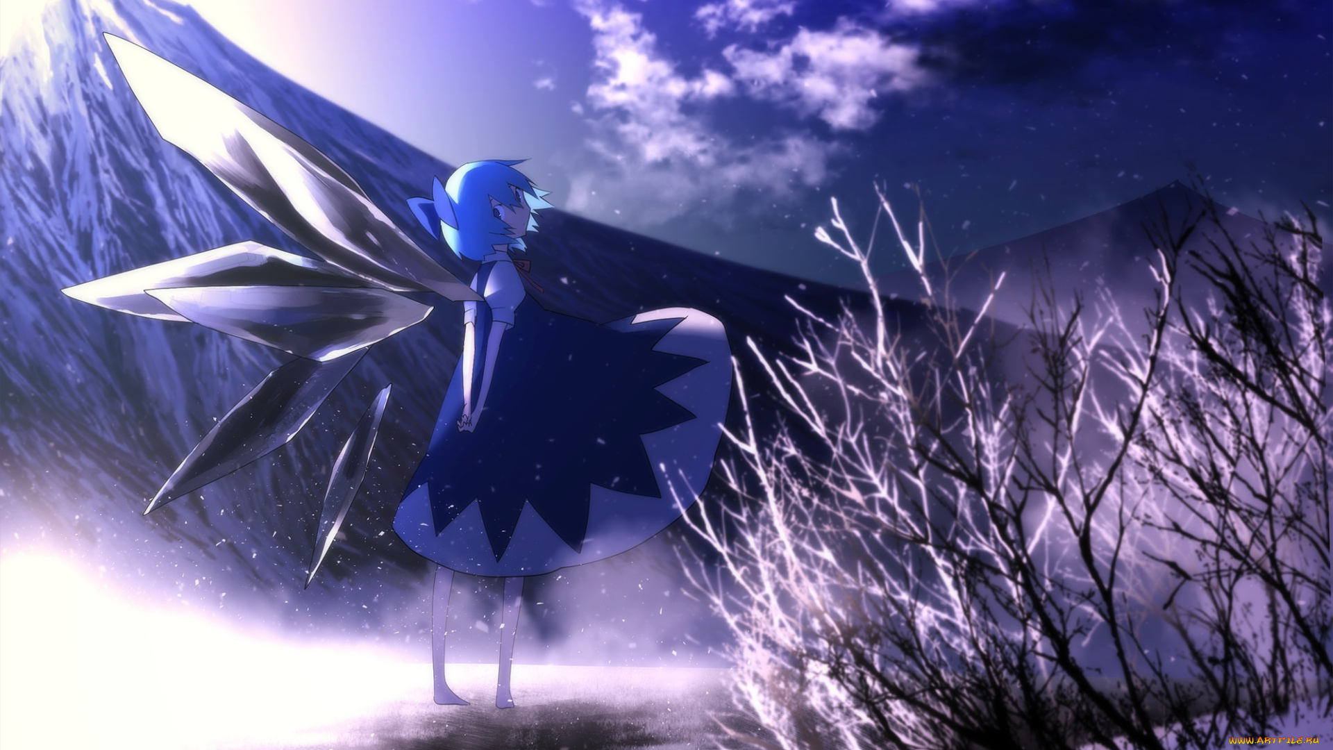 аниме, touhou, арт, девушка, ветки, suzki00, cirno, кусты