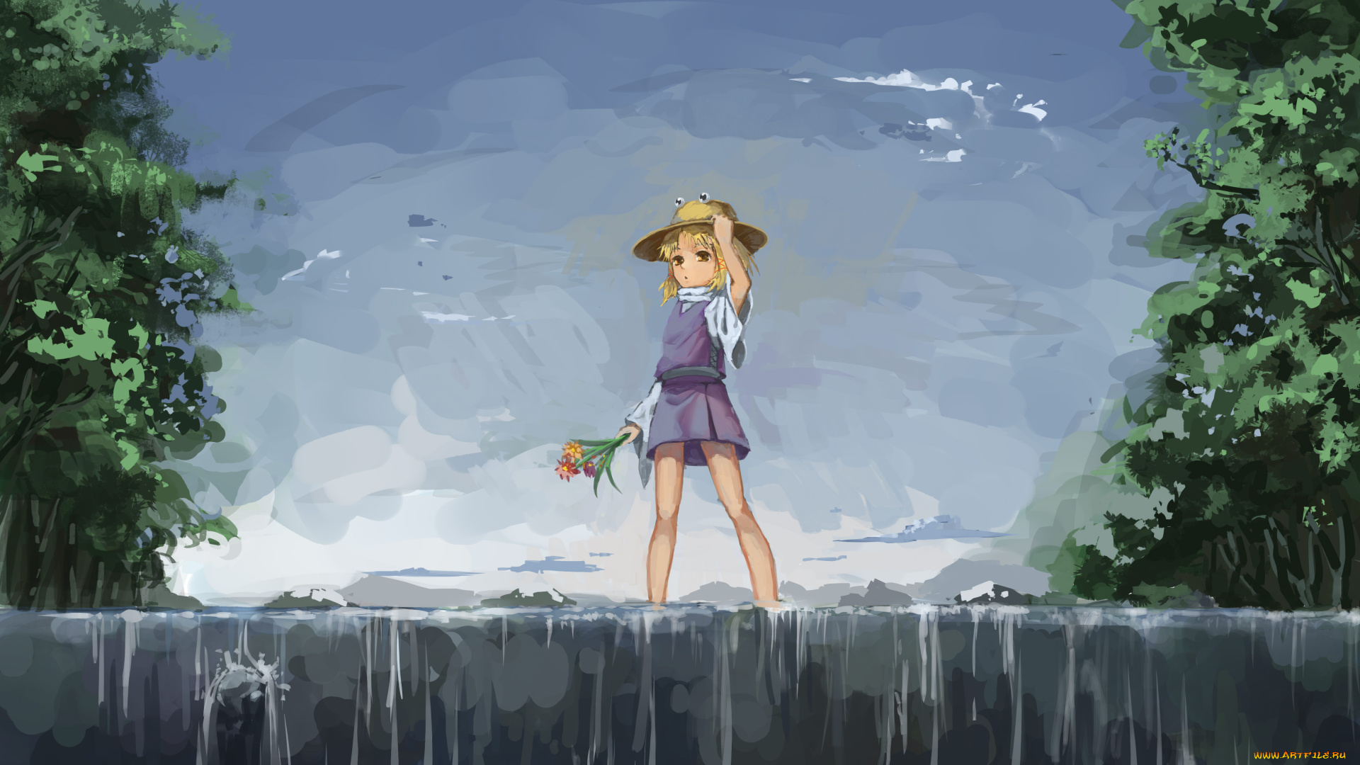 аниме, touhou, девочка, арт, koog, moriya, suwako, листья, небо, природа