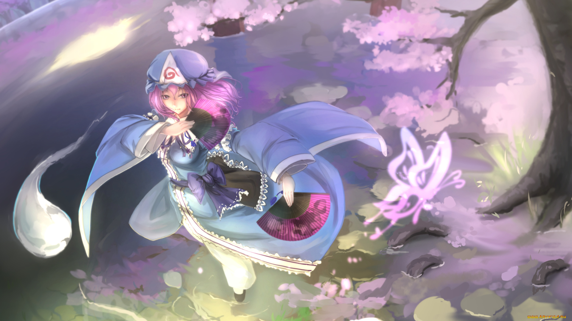 аниме, touhou, девушка, saigyouji, yuyuko, веера, дерево, бабочка, вода, арт, kikivi