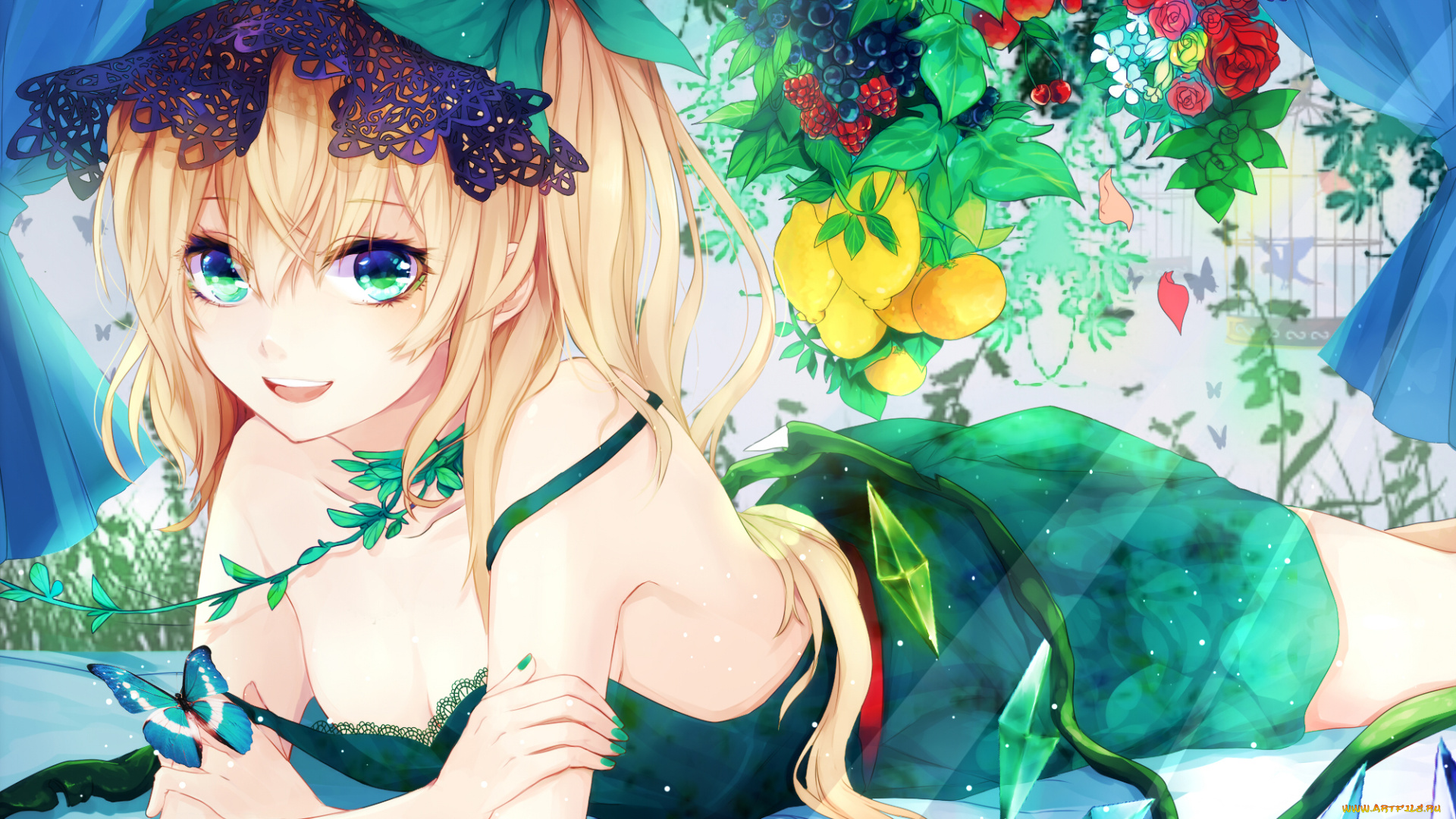 аниме, touhou, лимоны, renkarua, flandre, scarlet, клубника, ягоды, девушка, арт