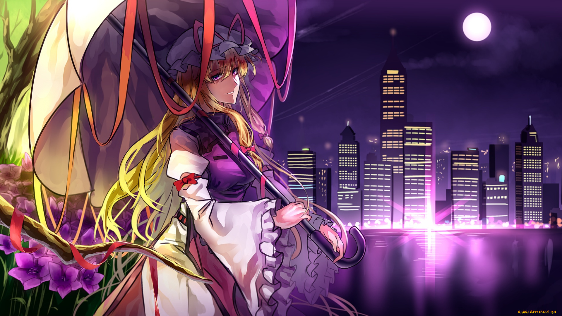 аниме, touhou, yakumo, yukari, арт, ленты, девушка, город, луна, ночь, зонт, uu-uu-zan