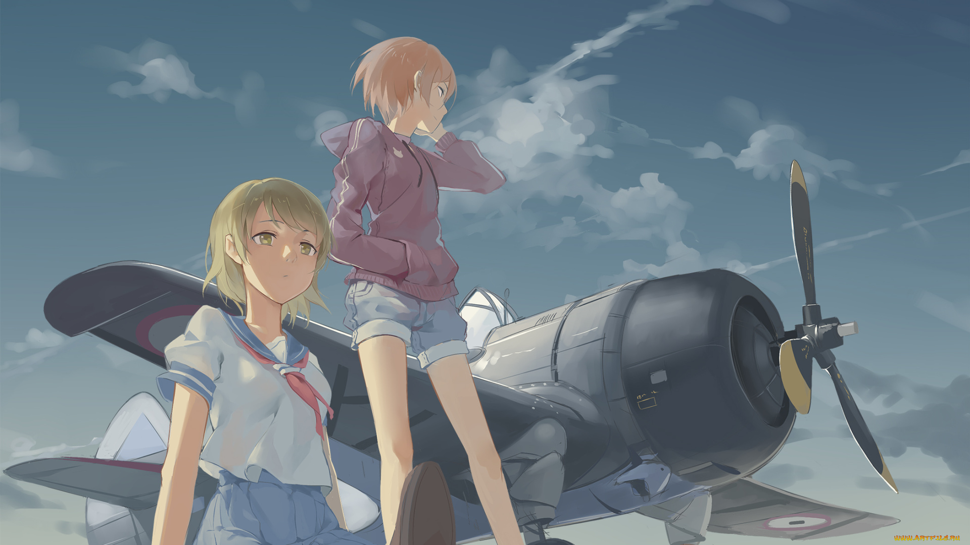 аниме, unknown, , другое, hoshizora, rin, девушки, koizumi, hanayo, самолёт, арт, небо, love, live, school, idol, project, gensou, kuro, usagi