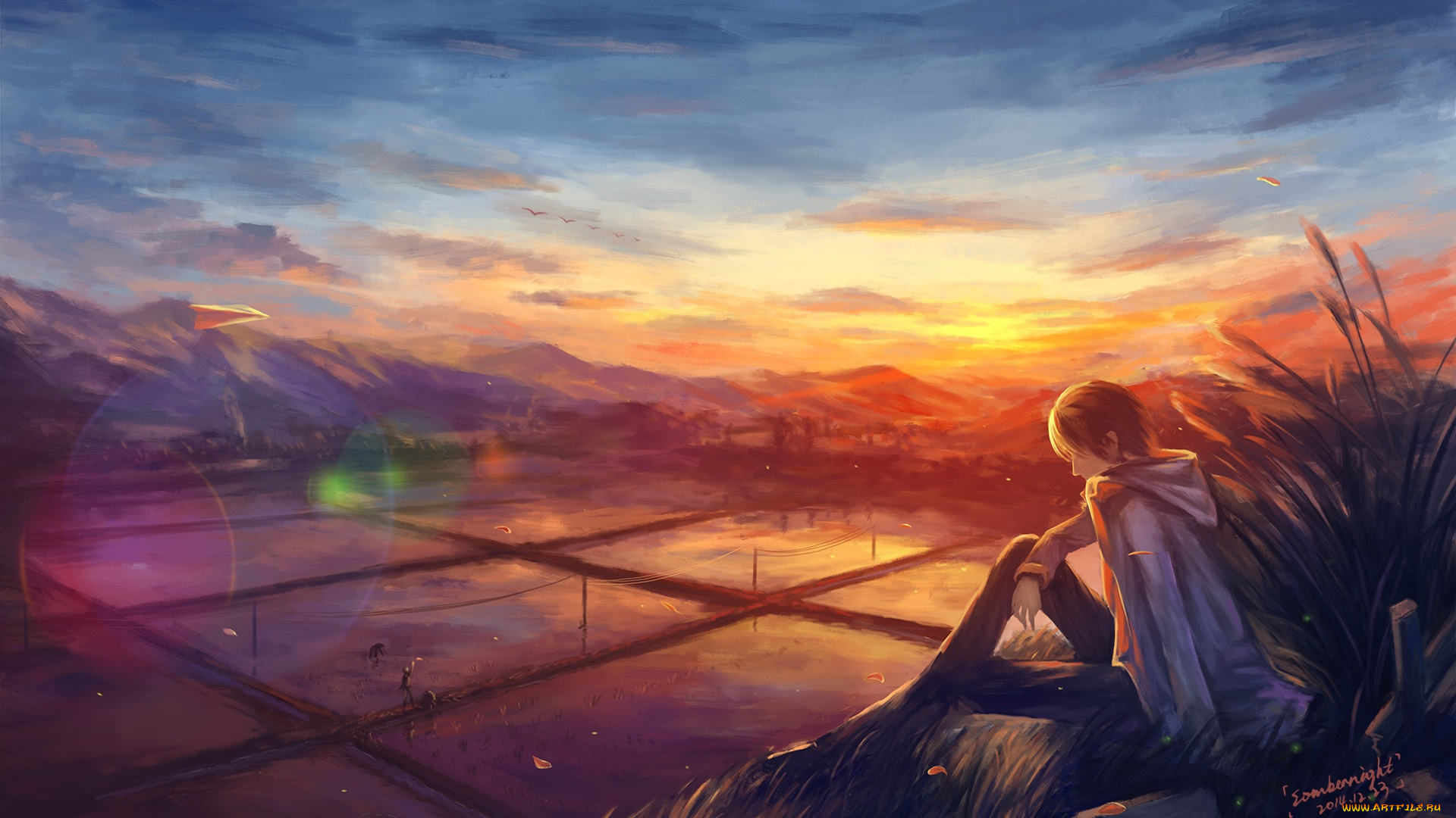 аниме, unknown, , другое, закат, вечер, небо, парень, арт, sombernight