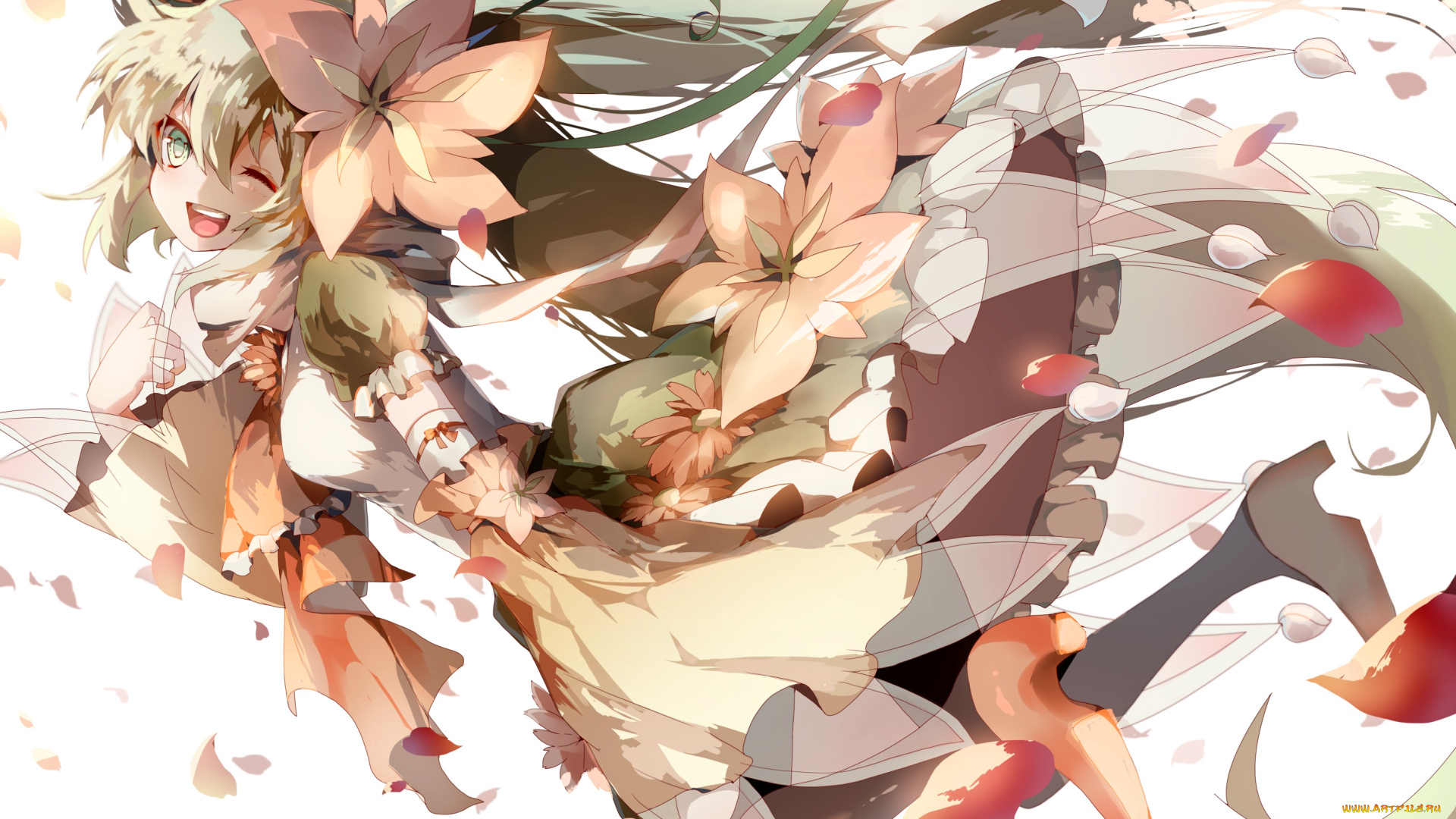 аниме, vocaloid, девушка, арт, saihate, hatsune, miku, туфли, улыбка, платье, взгляд, цветы, радость