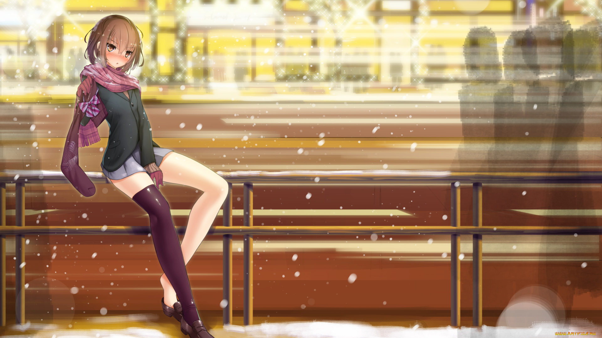 аниме, зима, , новый, год, , рождество, силуэты, взгляд, гольфы, девушка, dobunezumi