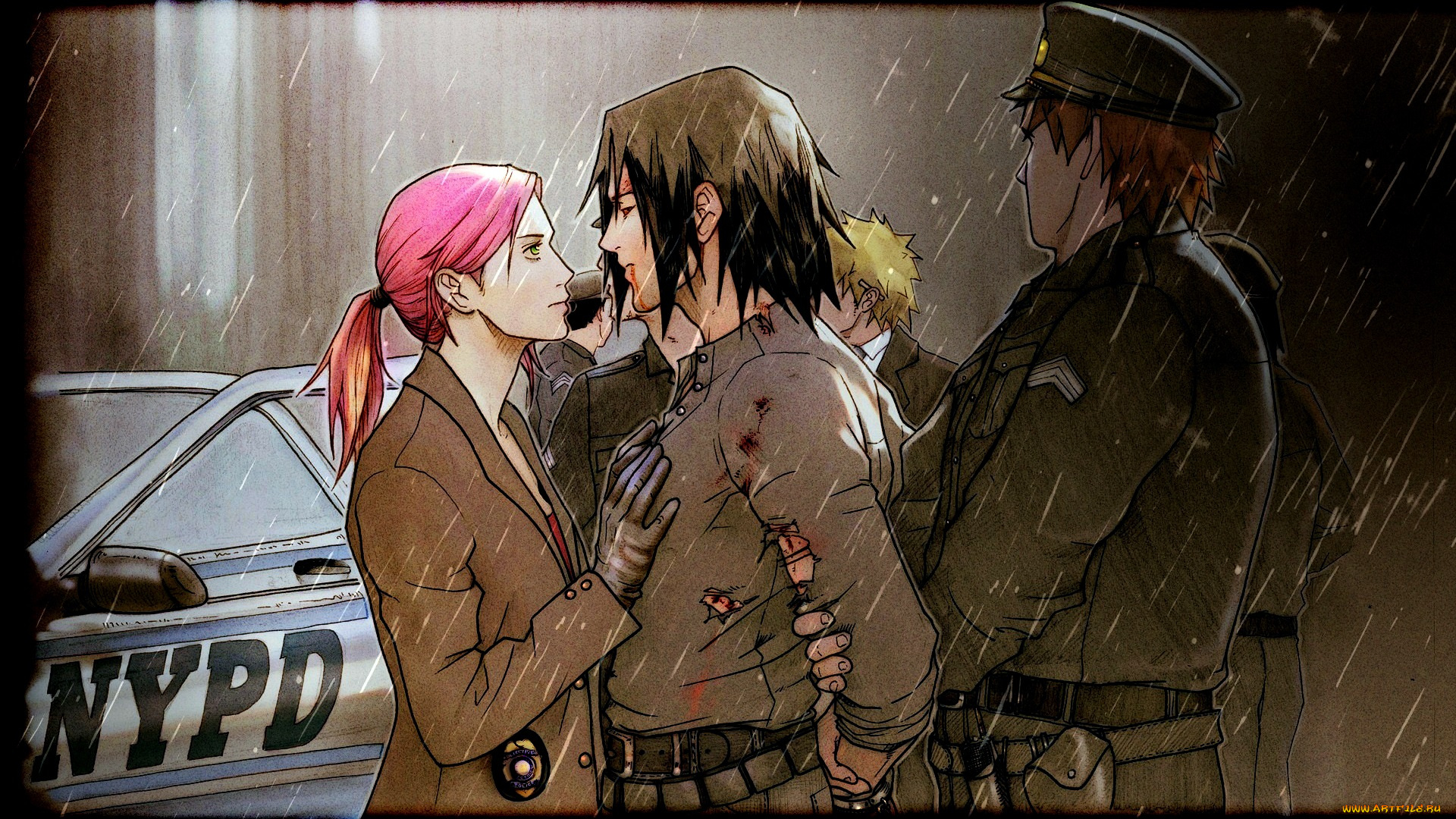 рисованное, -, , , аниме, девушка, полиция, наруто, сакура, харуно, саске, учиха, акимичи, чоуджи