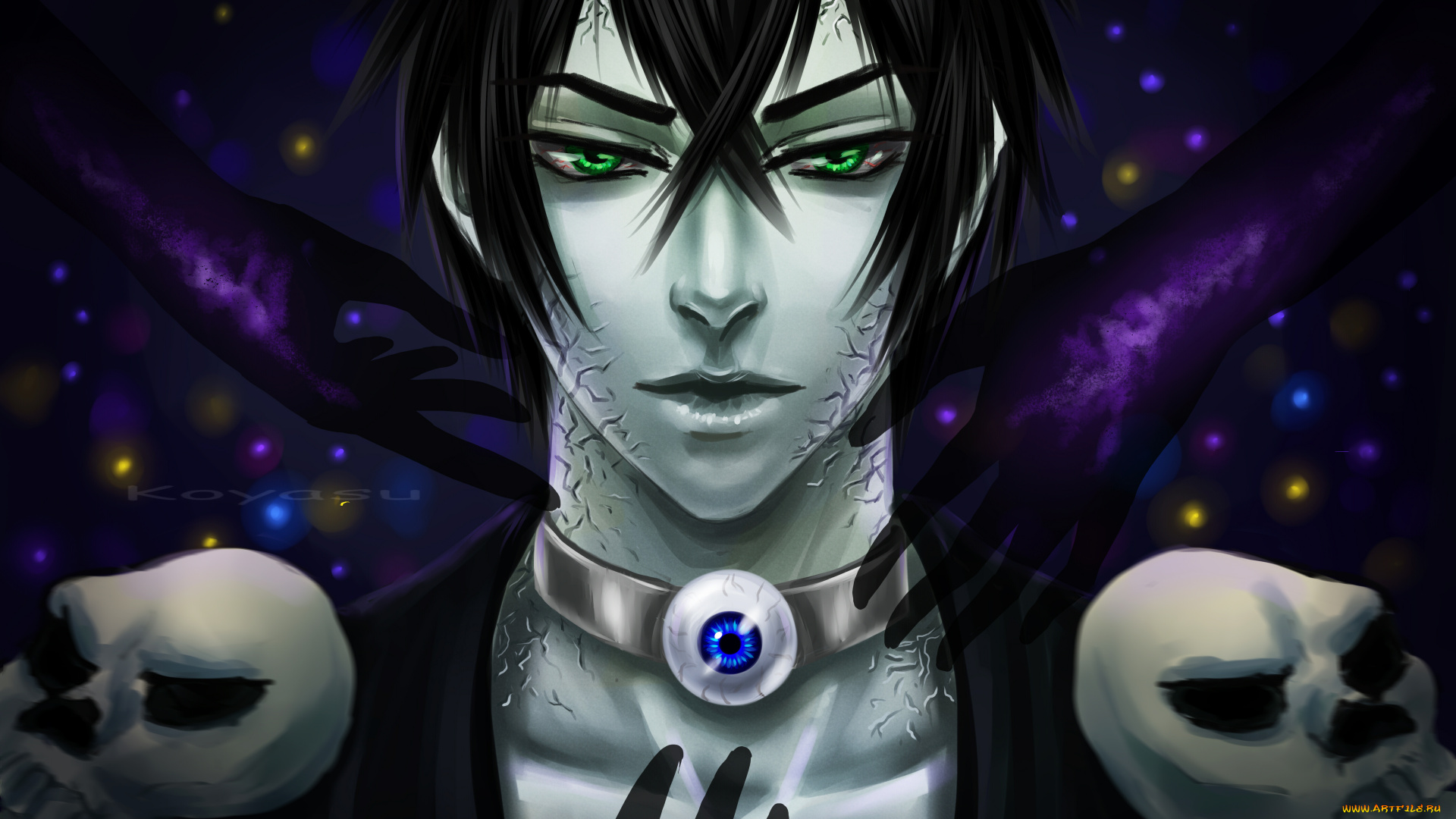 рисованное, -, , , аниме, парень, взгляд, черепа