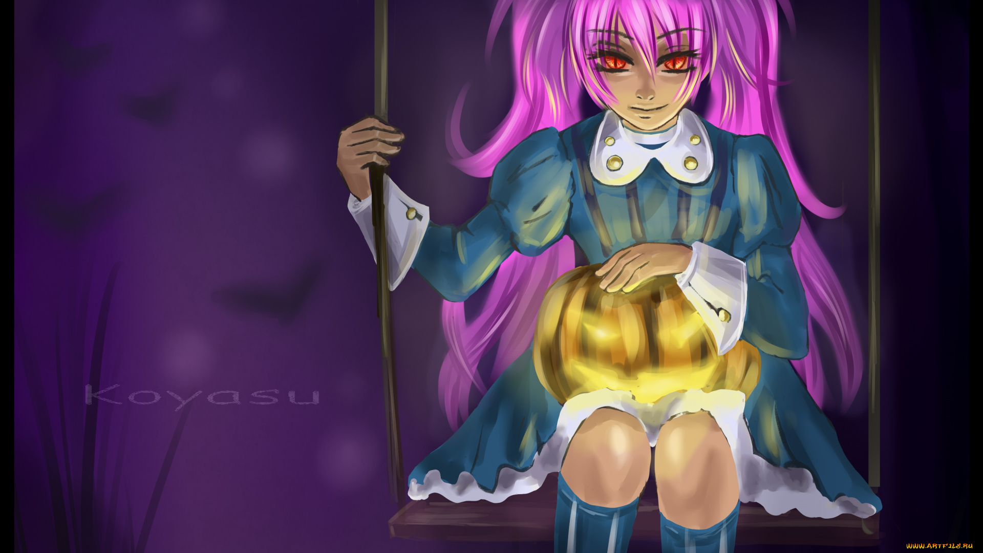 рисованное, -, , , аниме, розовые, волосы, ночь, качели, взгляд, девочка