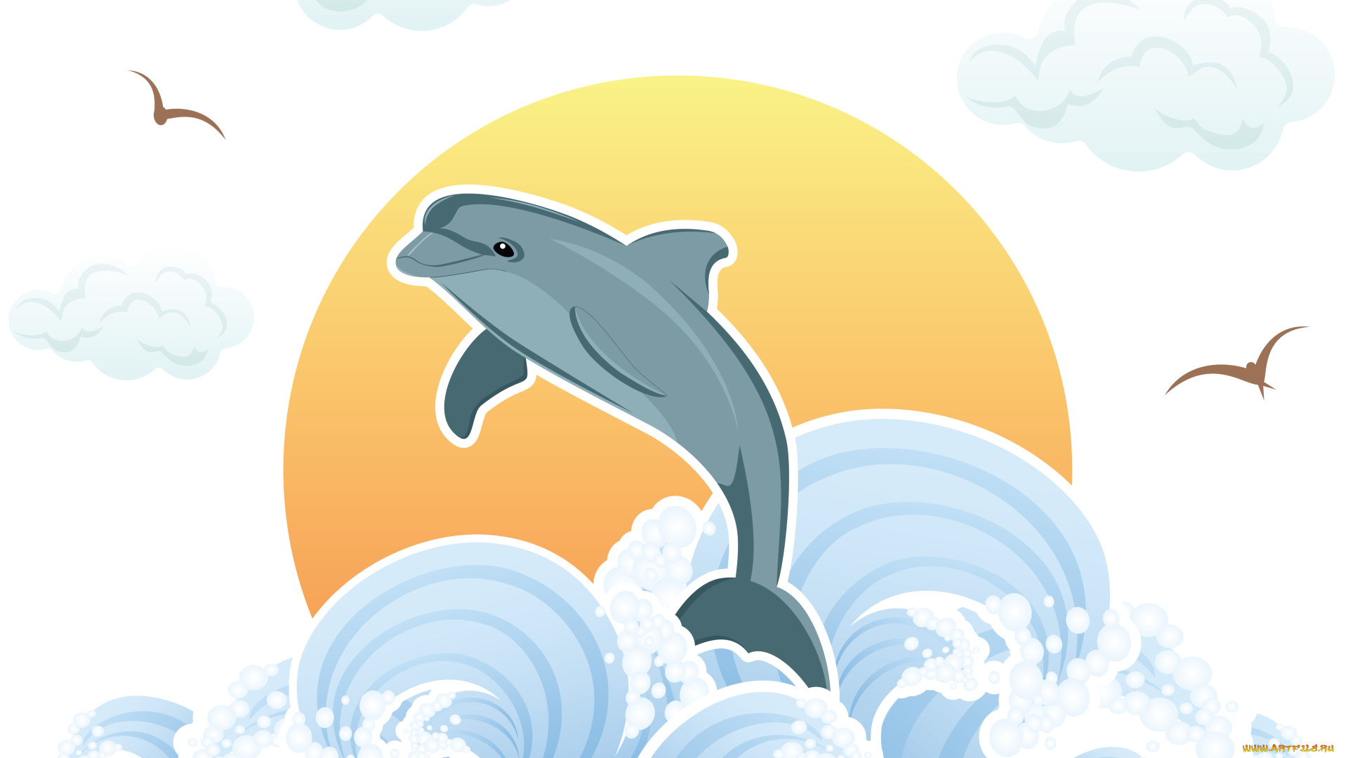 векторная, графика, животные, фон, чайки, дельфин, волны