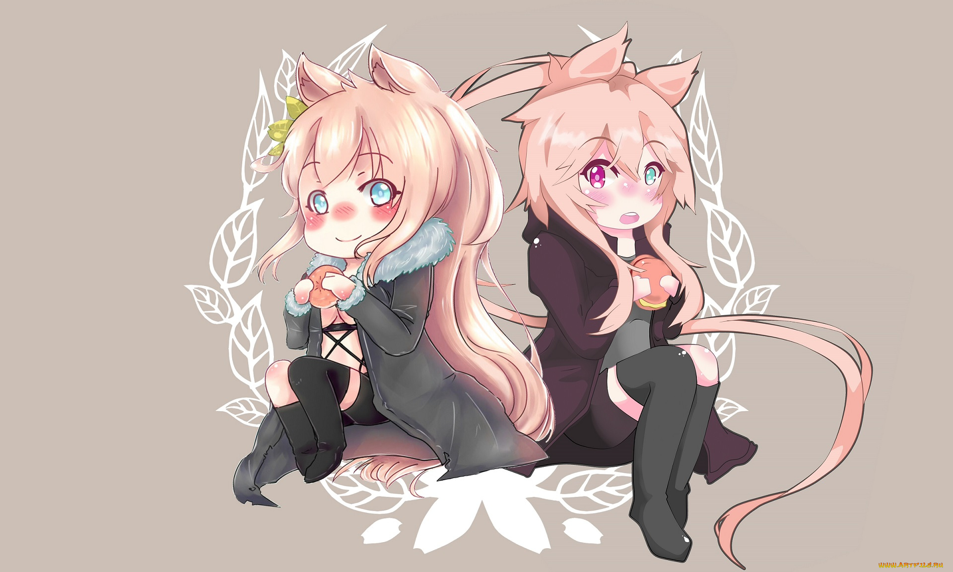 аниме, животные, , существа, взгляд, еда, пончики, ушки, девушки, арт, фон